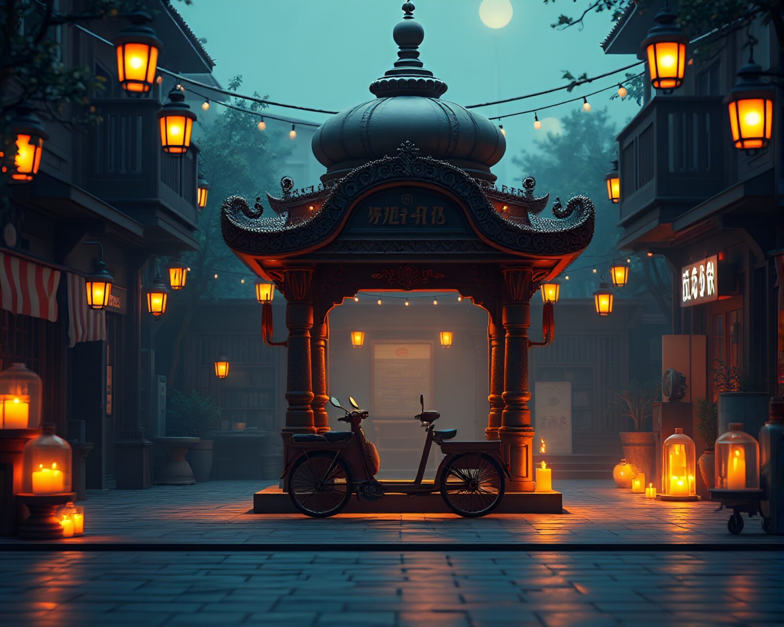 Centered low-poly 3D scene of rickshaw in candlelit glow