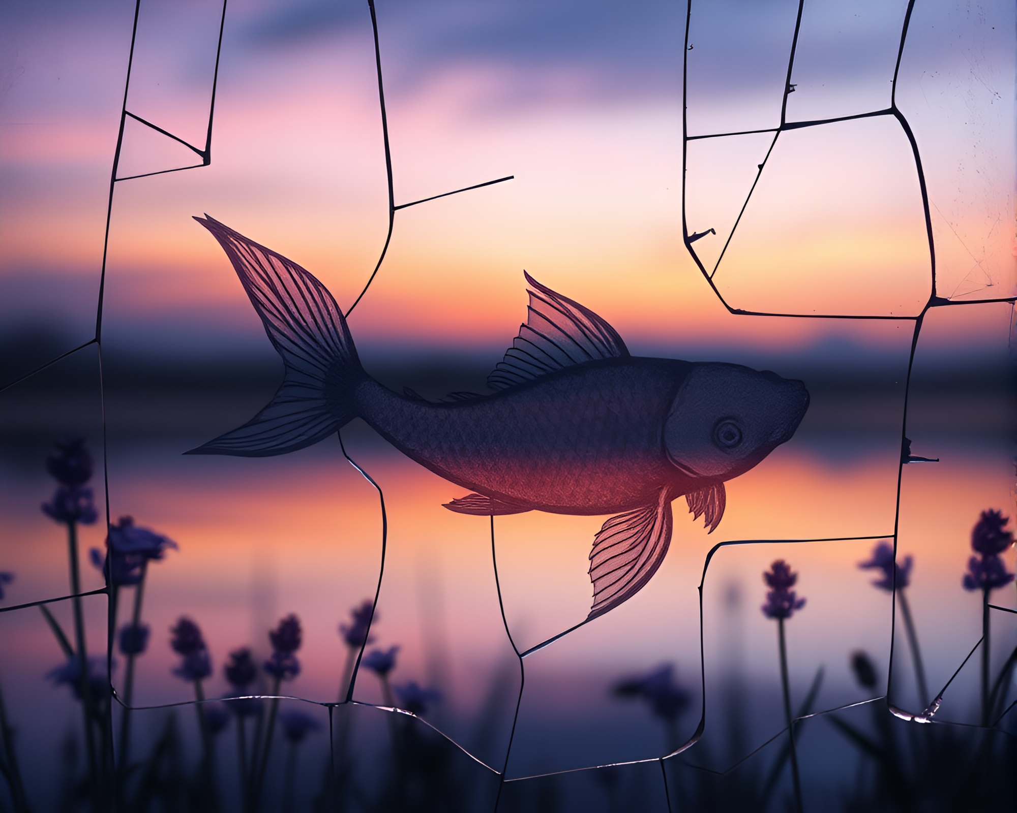 Twilight Koi Dance: Etched Broken Glass Reflection – free AI stock image