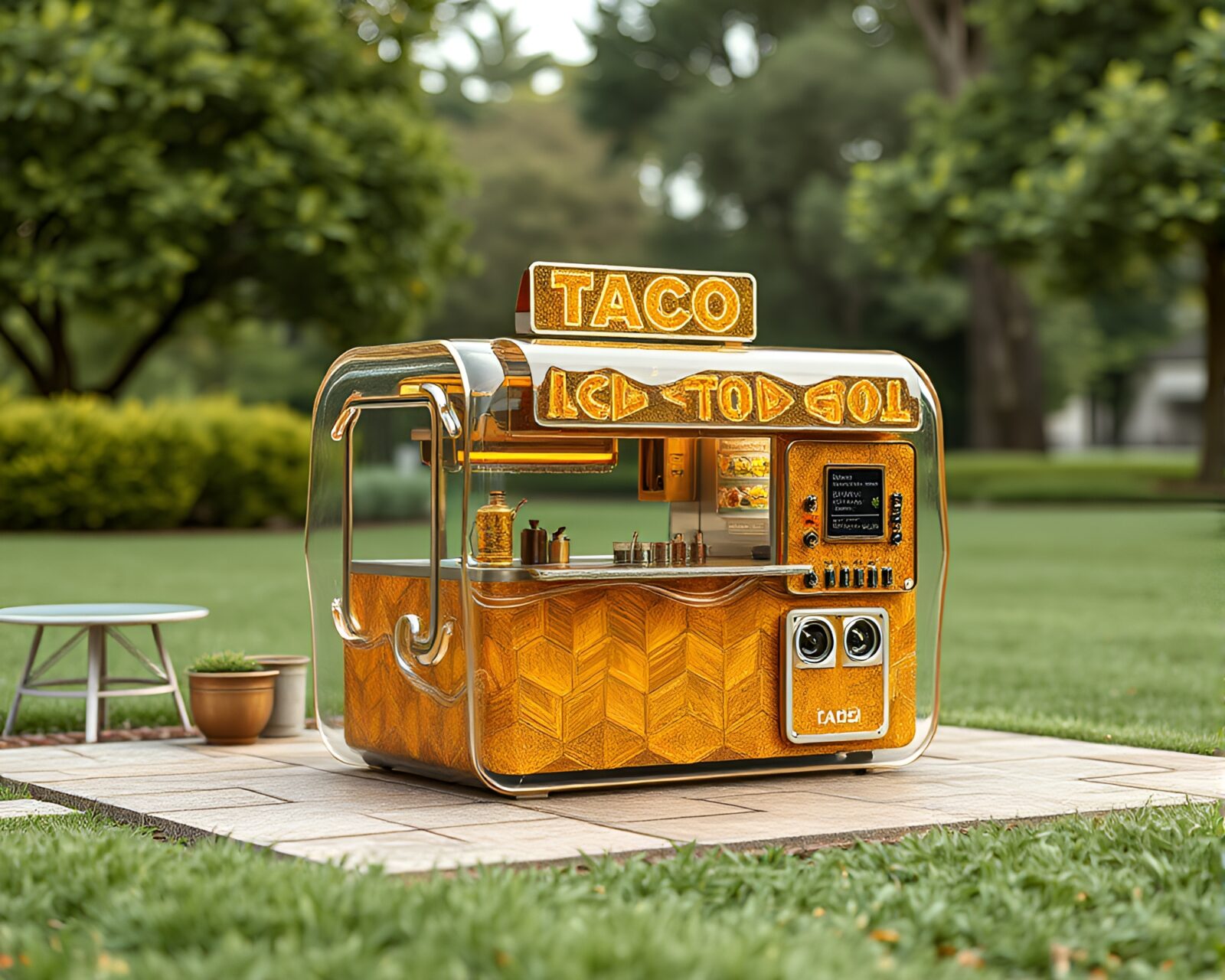 Procedurally generated image of a taco stand in the savannah
