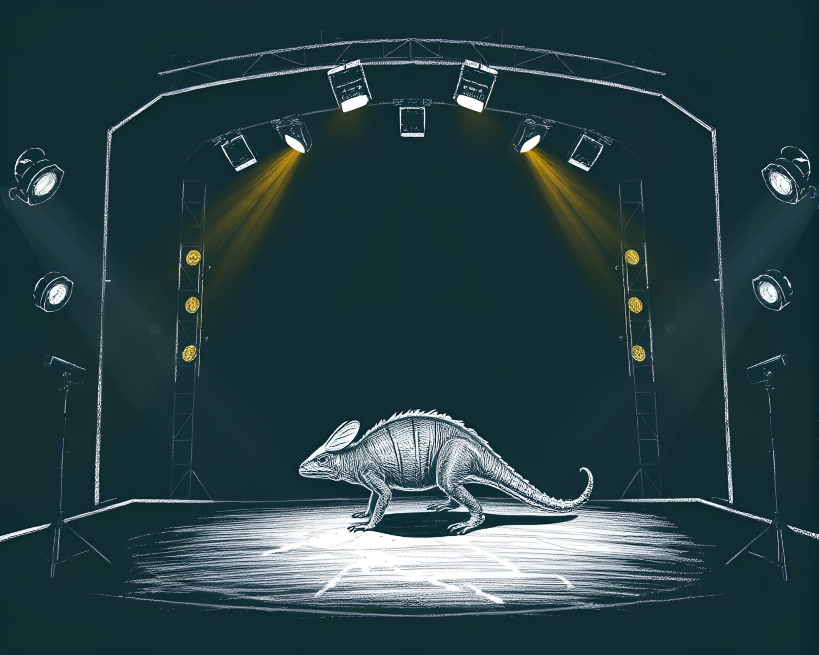 An armadillo on a concert stage surrounded by asymmetrical chalk drawings and colorful lights.