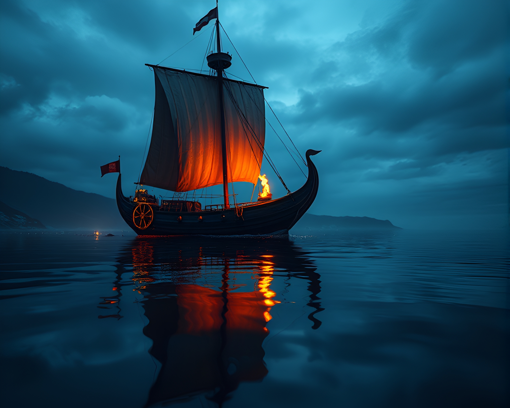 Viking Longship Reflecting in Bonfire Flames – free AI stock image