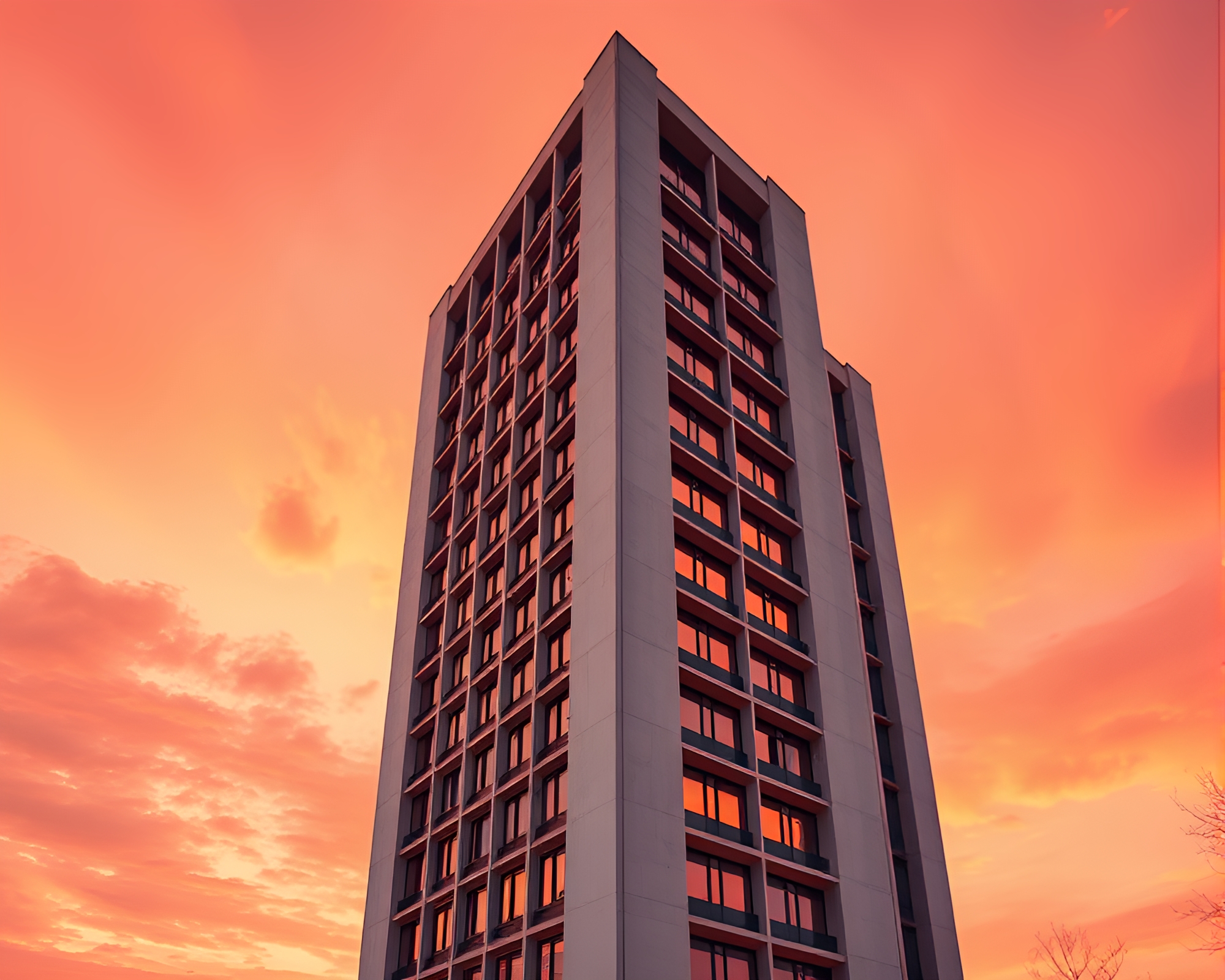 Sunset Trompe-l’oeil: Brutalist building in dynamic angle – free AI stock image