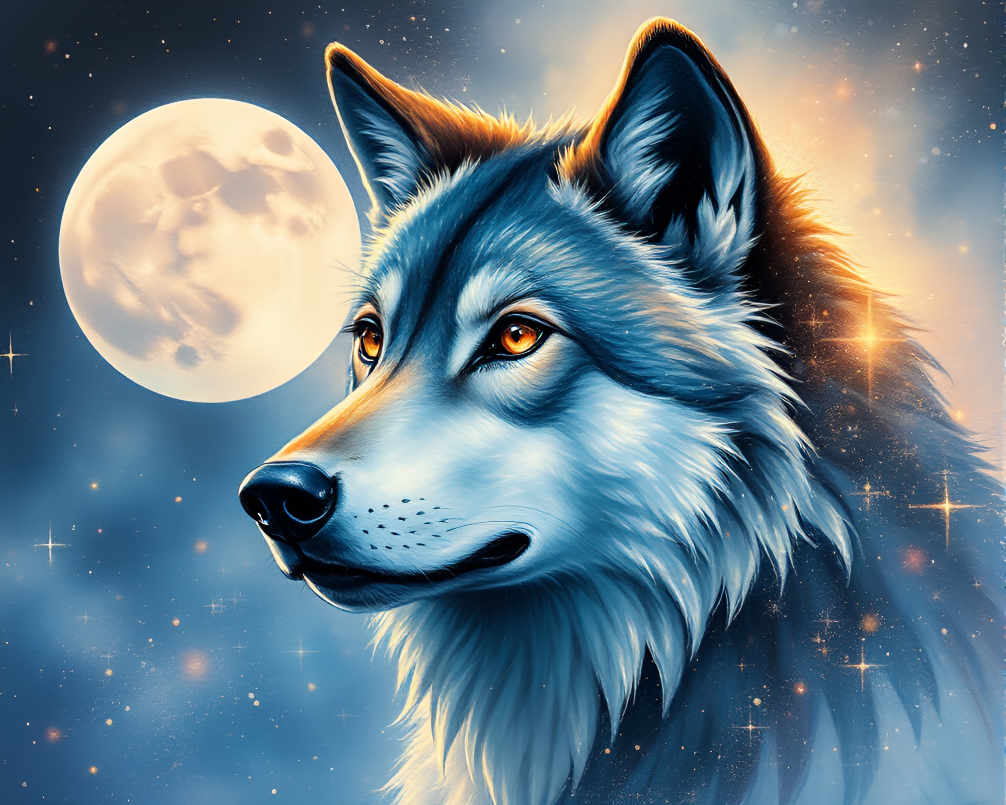 Moonlit Wolf Surrounded by Hologram Specks – free AI stock image