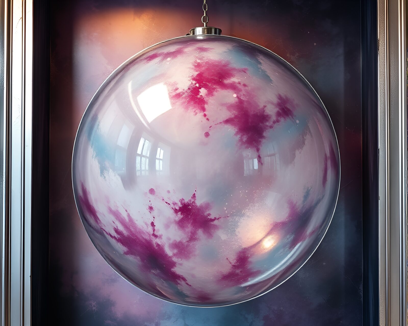 Intricate mural of glass orb with silver leaf details