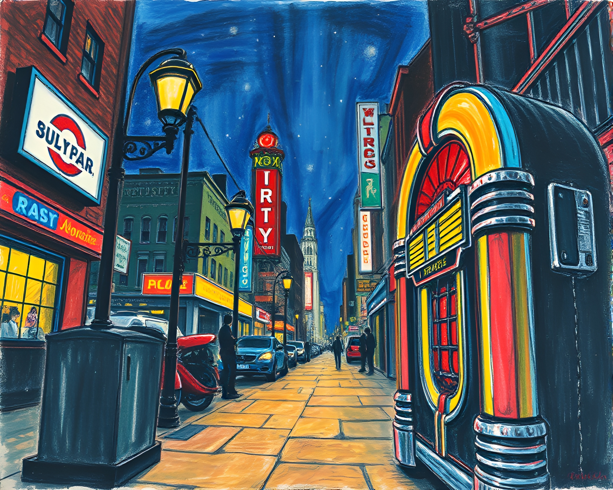 Retro Jukebox Cityscape Night Drawing – free AI stock image