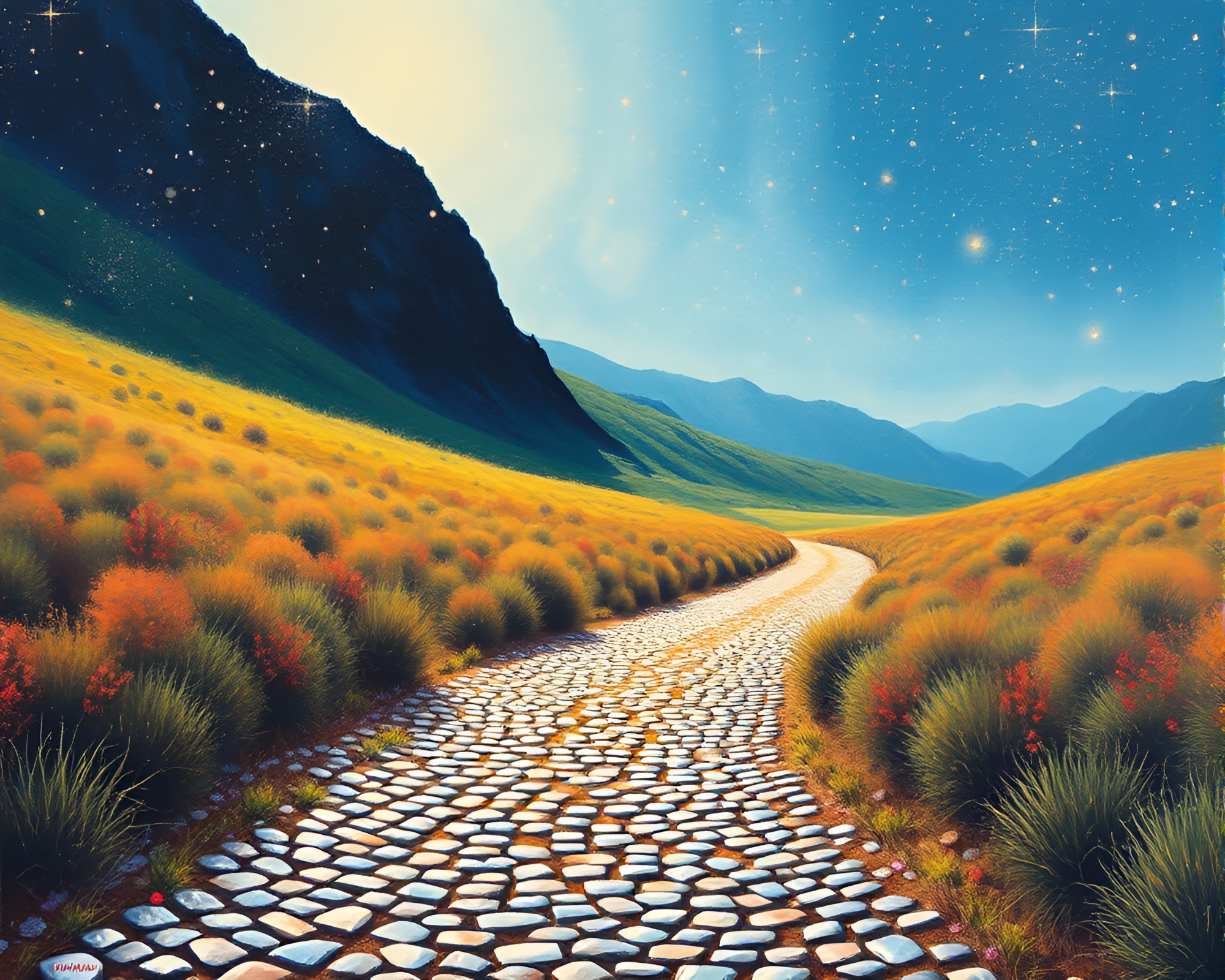 Cobblestone Valley with Stardust Glow – free AI stock image