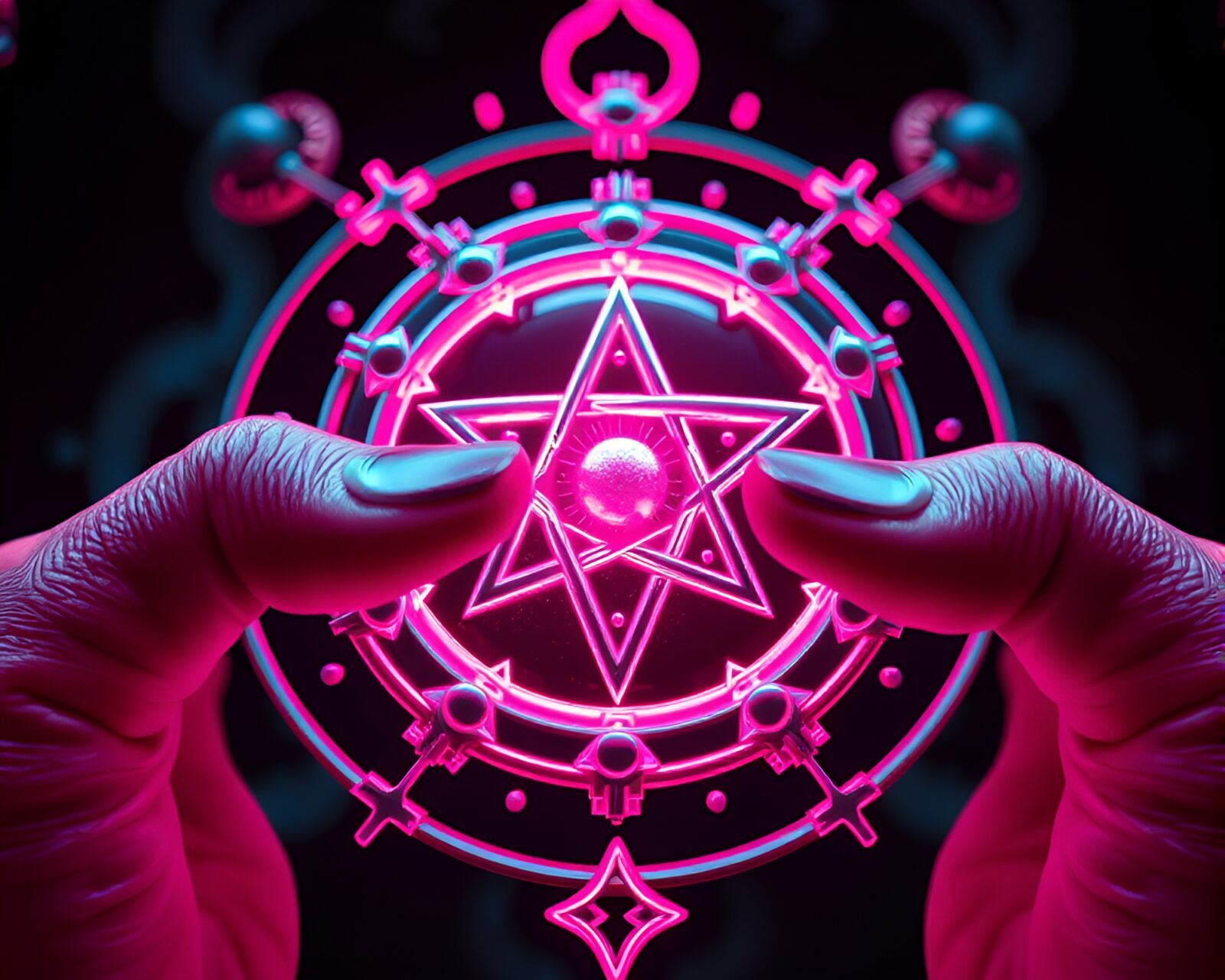 Vibrant anaglyph 3D image of intricate alchemical symbols