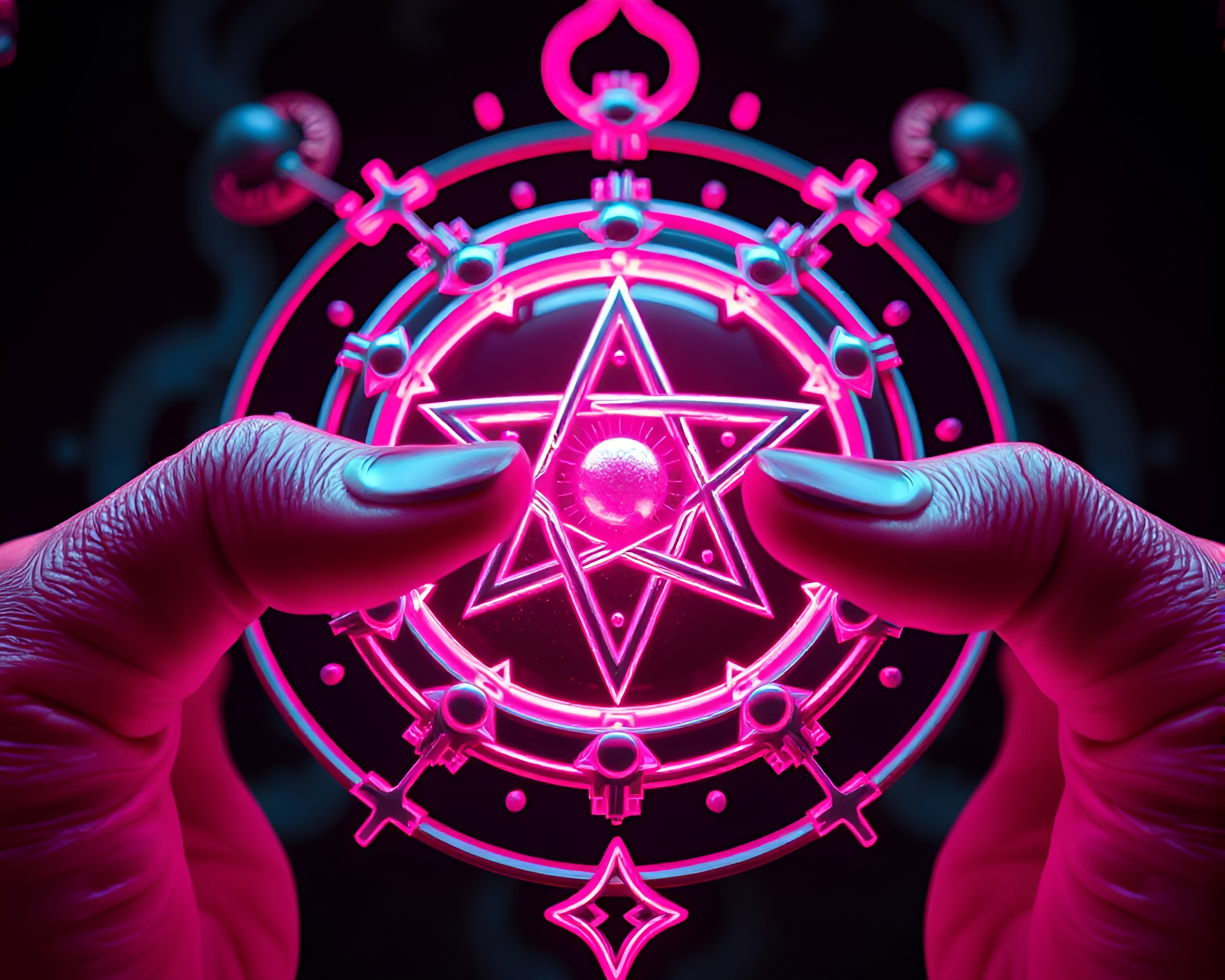 Magenta Alchemical Symbols Close-Up 3D Artwork – free AI stock image