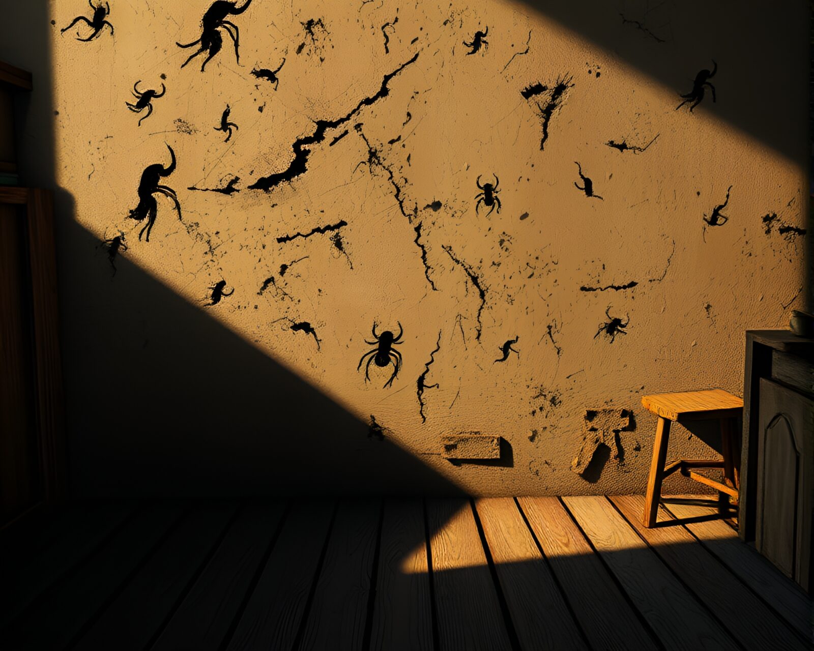 A futuristic 3D bio-printer in a dimly lit attic space with scratch textures