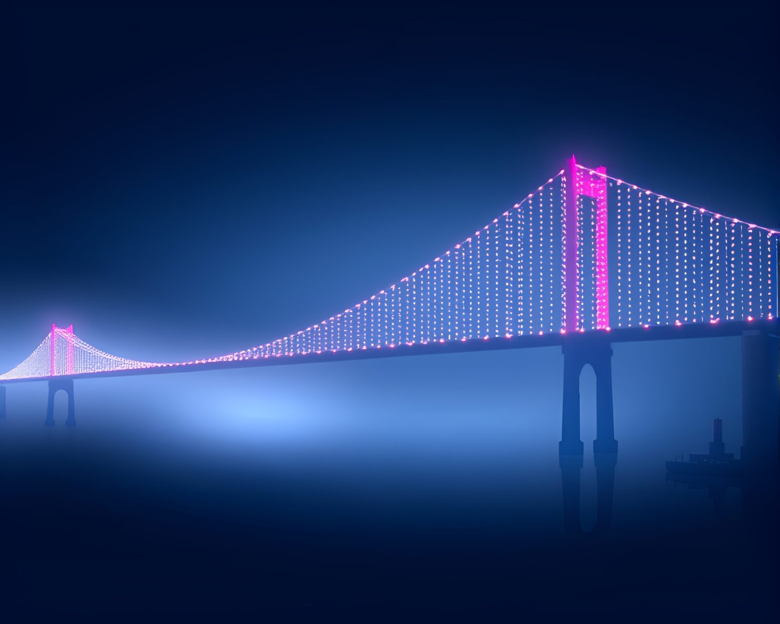 A surreal, dreamy suspension bridge in pointillist style.