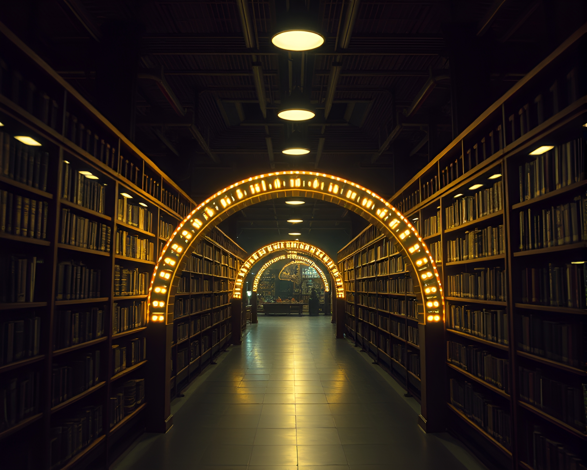 Intricate Circuit Board Arch Bridge Illuminated by Library Lamp – free AI stock image