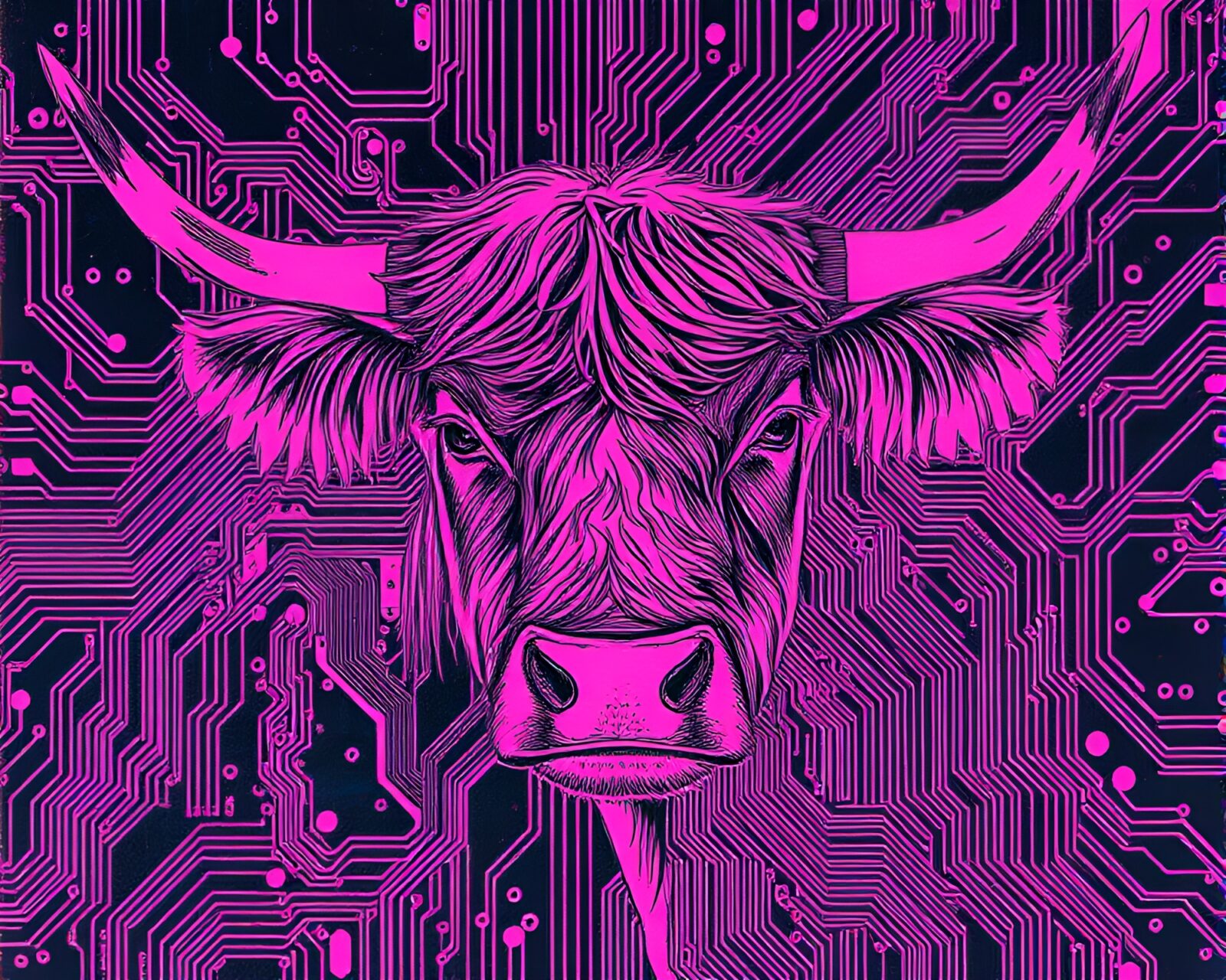 Gritty image of Highland cow outlined in magenta light