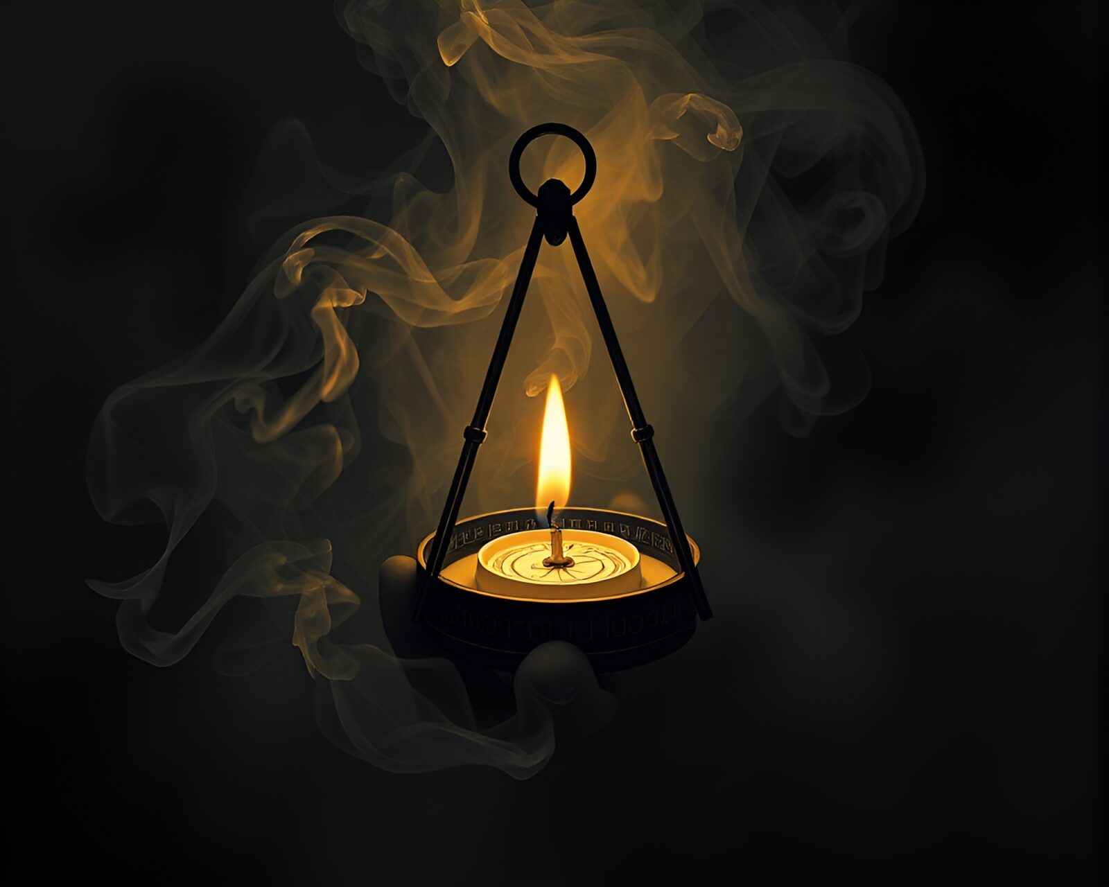 Mysterious matte painting of pocket sundial surrounded by candle smoke