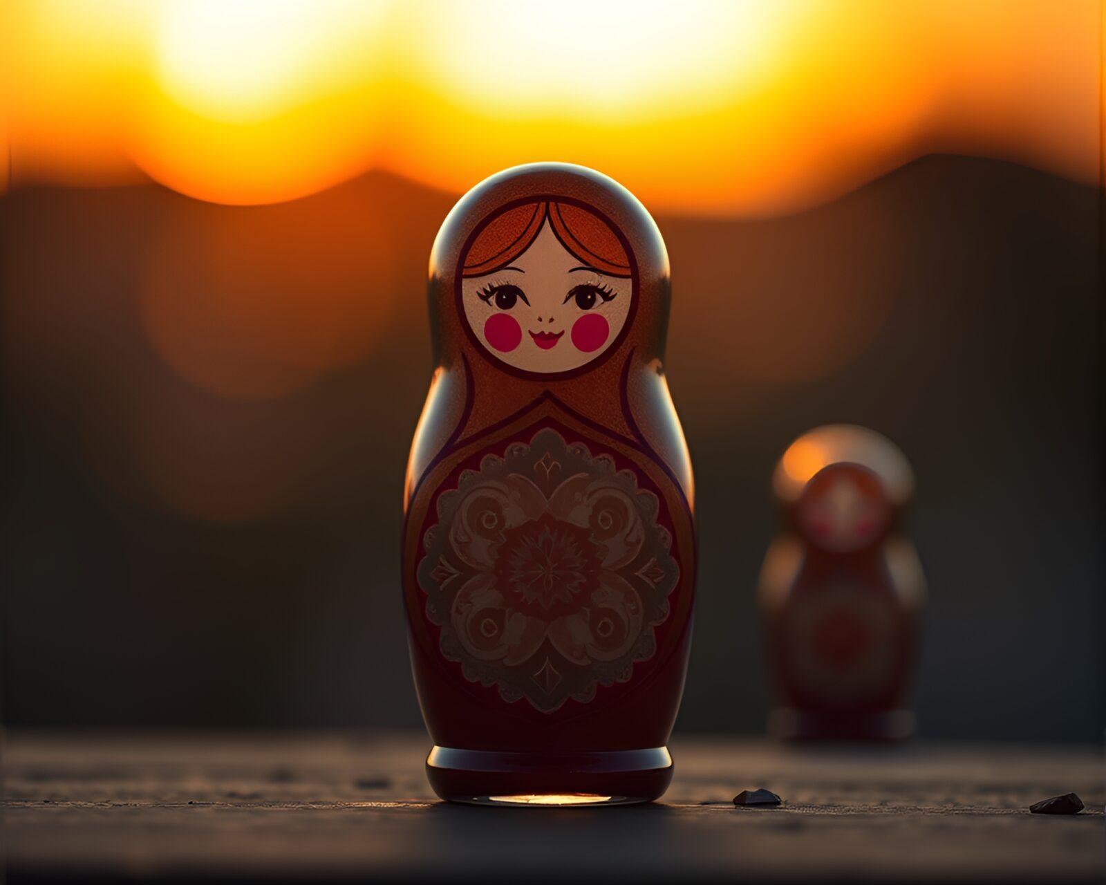 Matryoshka doll with glass distortion under golden sunset
