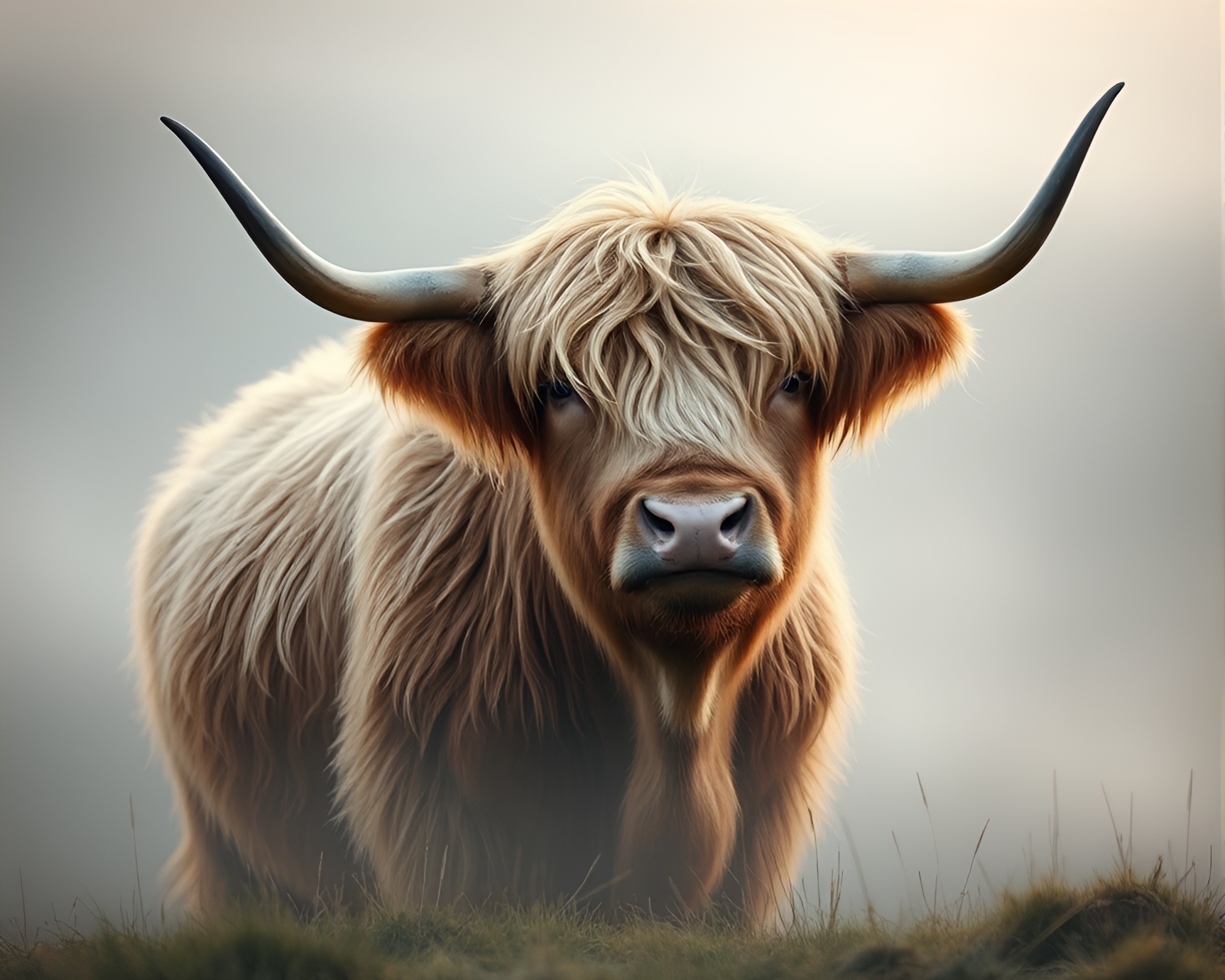 Gilded Highland Cow Emerged from Dawn Mist – free AI stock image