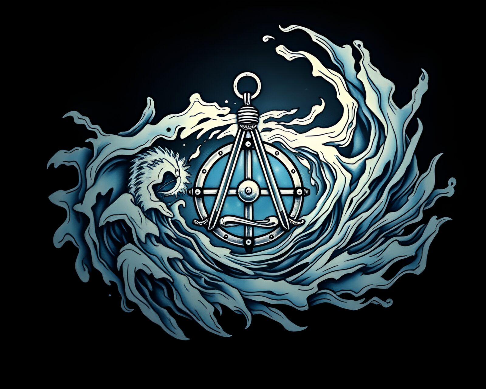 Low-key lighting shines on swirling water around ancient navigation tool.