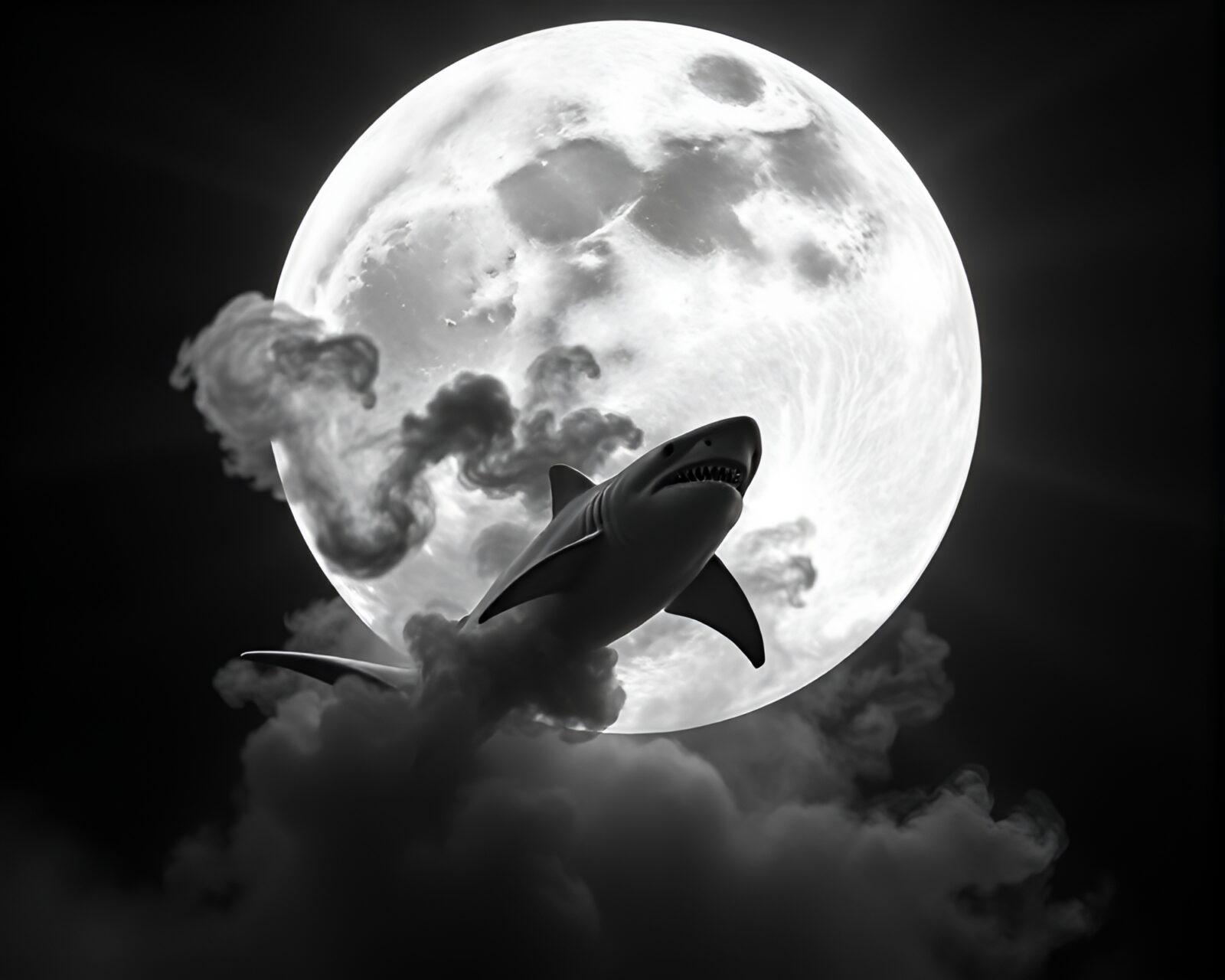 Realistic shark in grayscale under swirling smoke