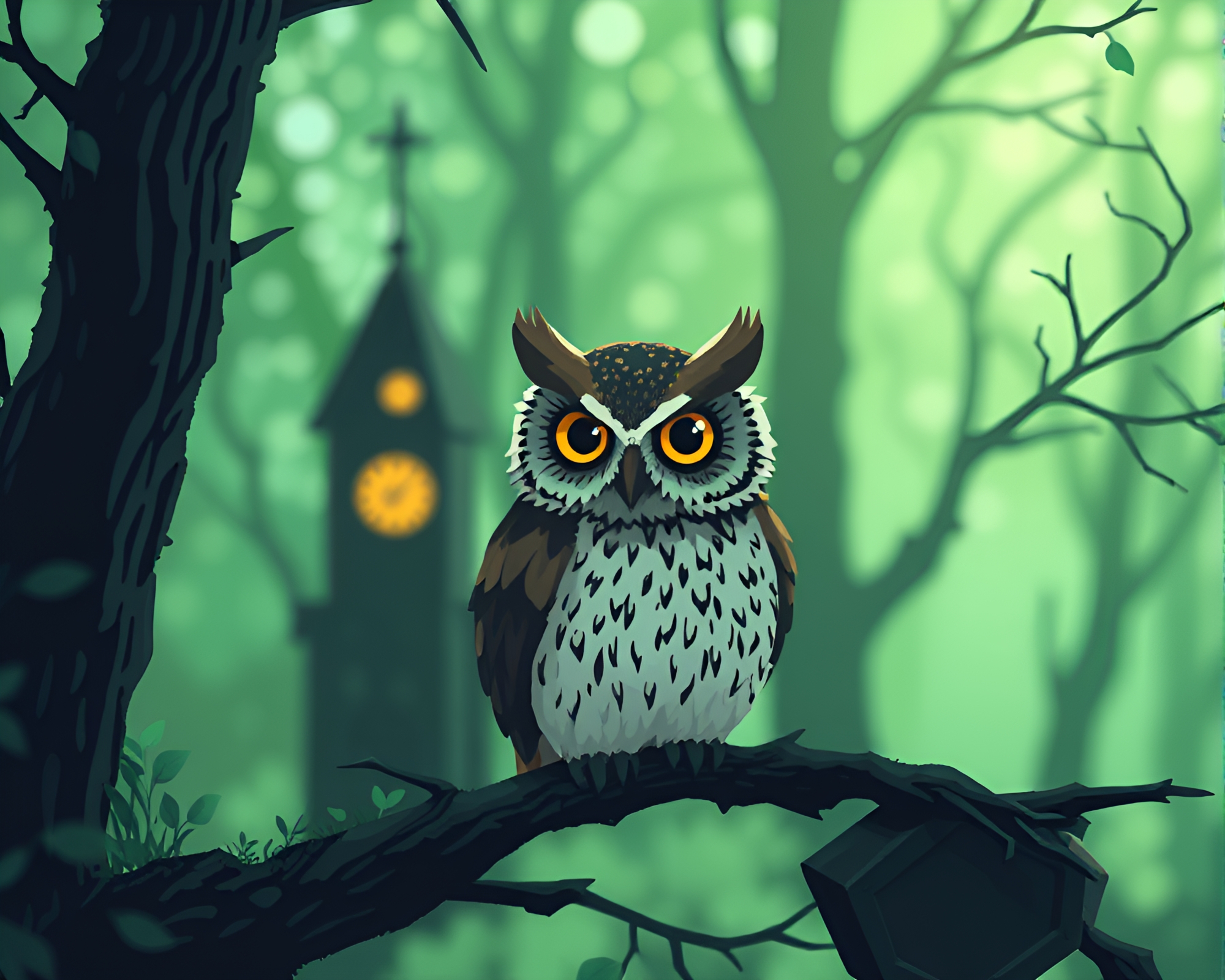 Enchanted Clockwork Owl in Pixelated Forest – free AI stock image