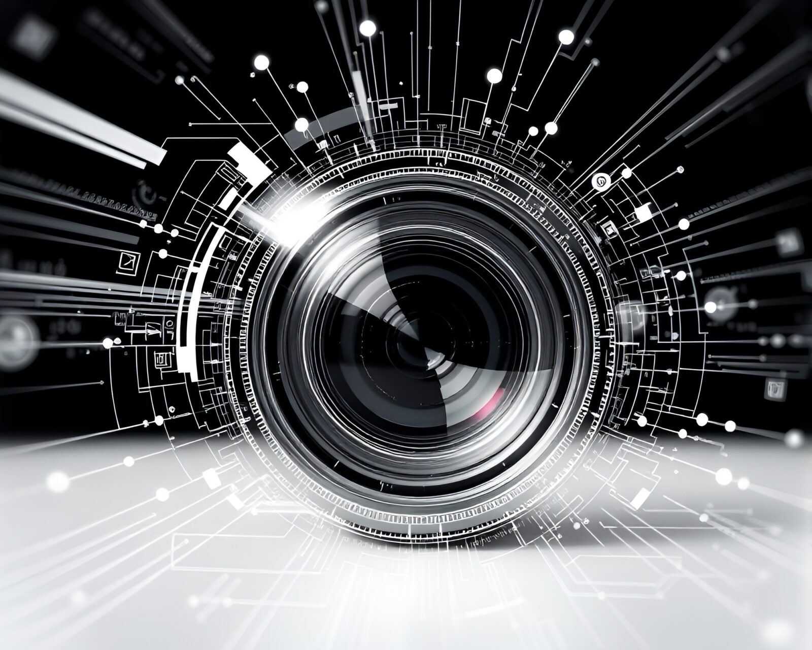 Sleek, high-tech illustration with ivory-white aesthetic and AR overlay