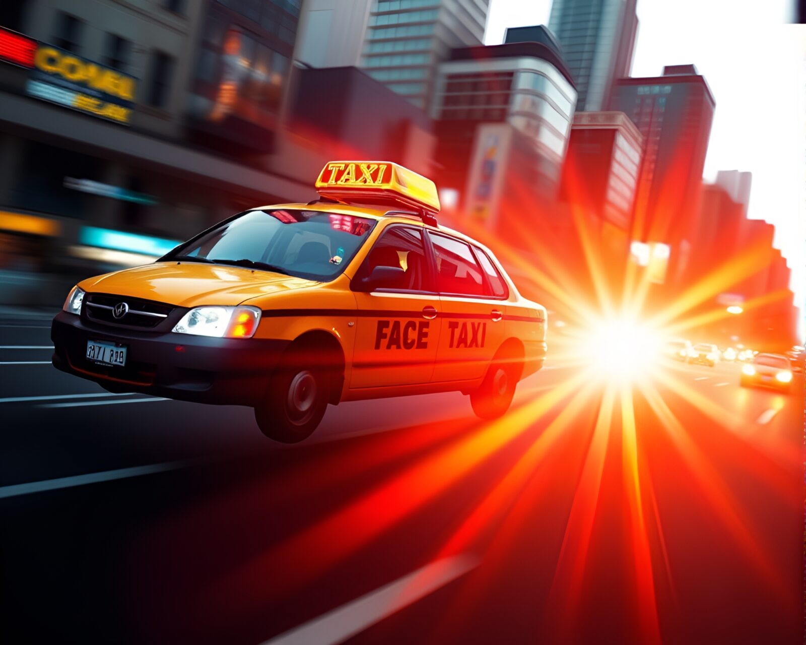 Sci-fi hover taxi engulfed in vibrant starburst lights