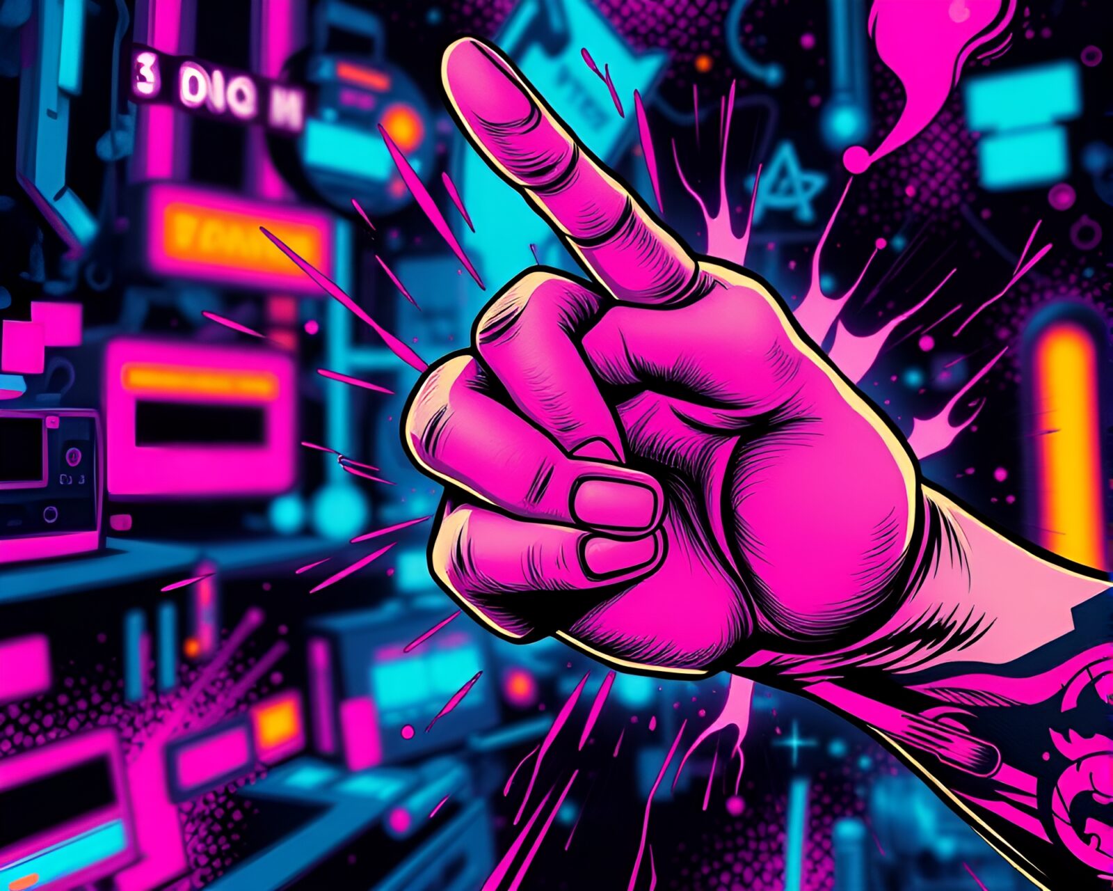 Bright purple cyber hand with intricate tattoo designs