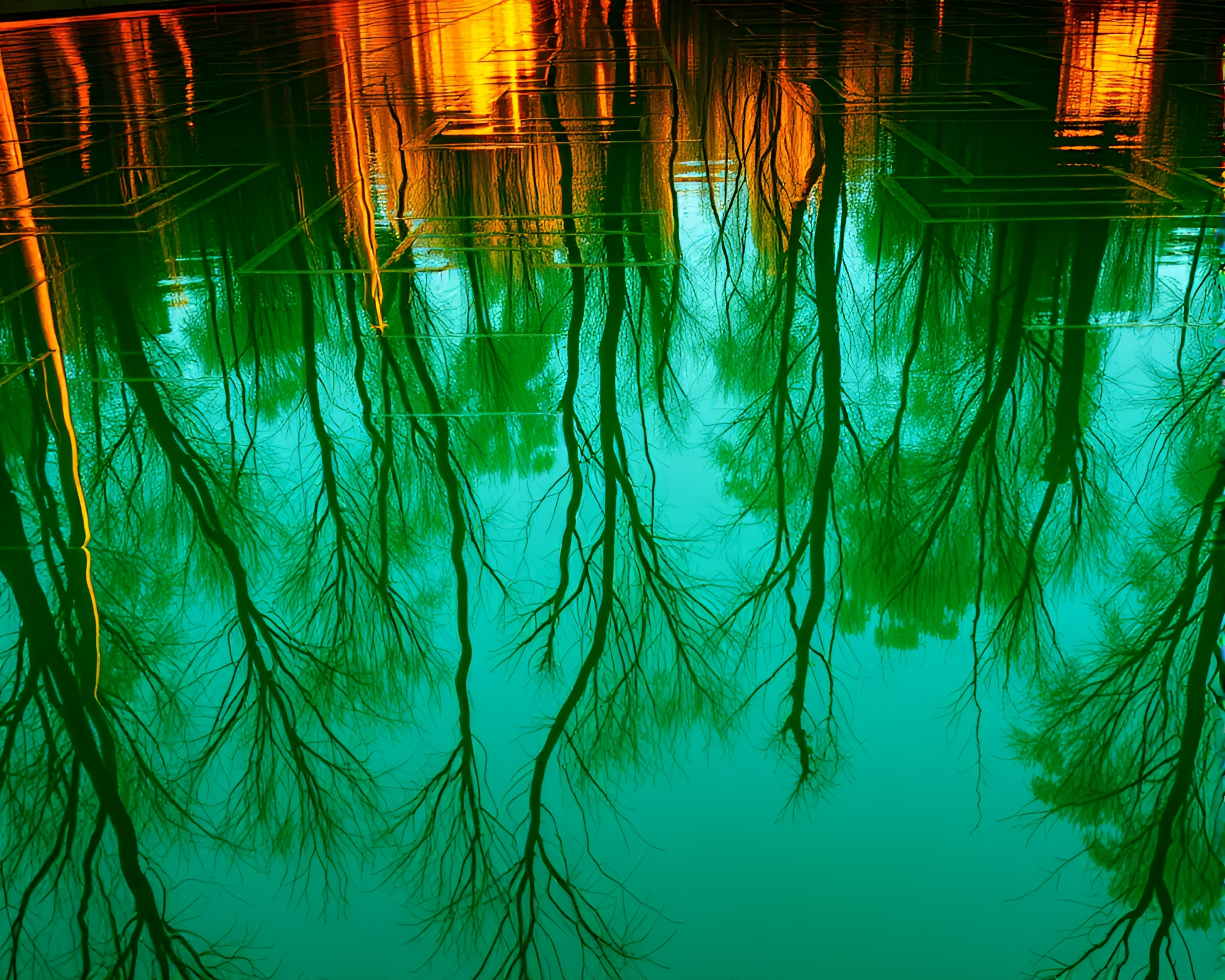 Emerald Maze: Golden Hour Reflections – free AI stock image