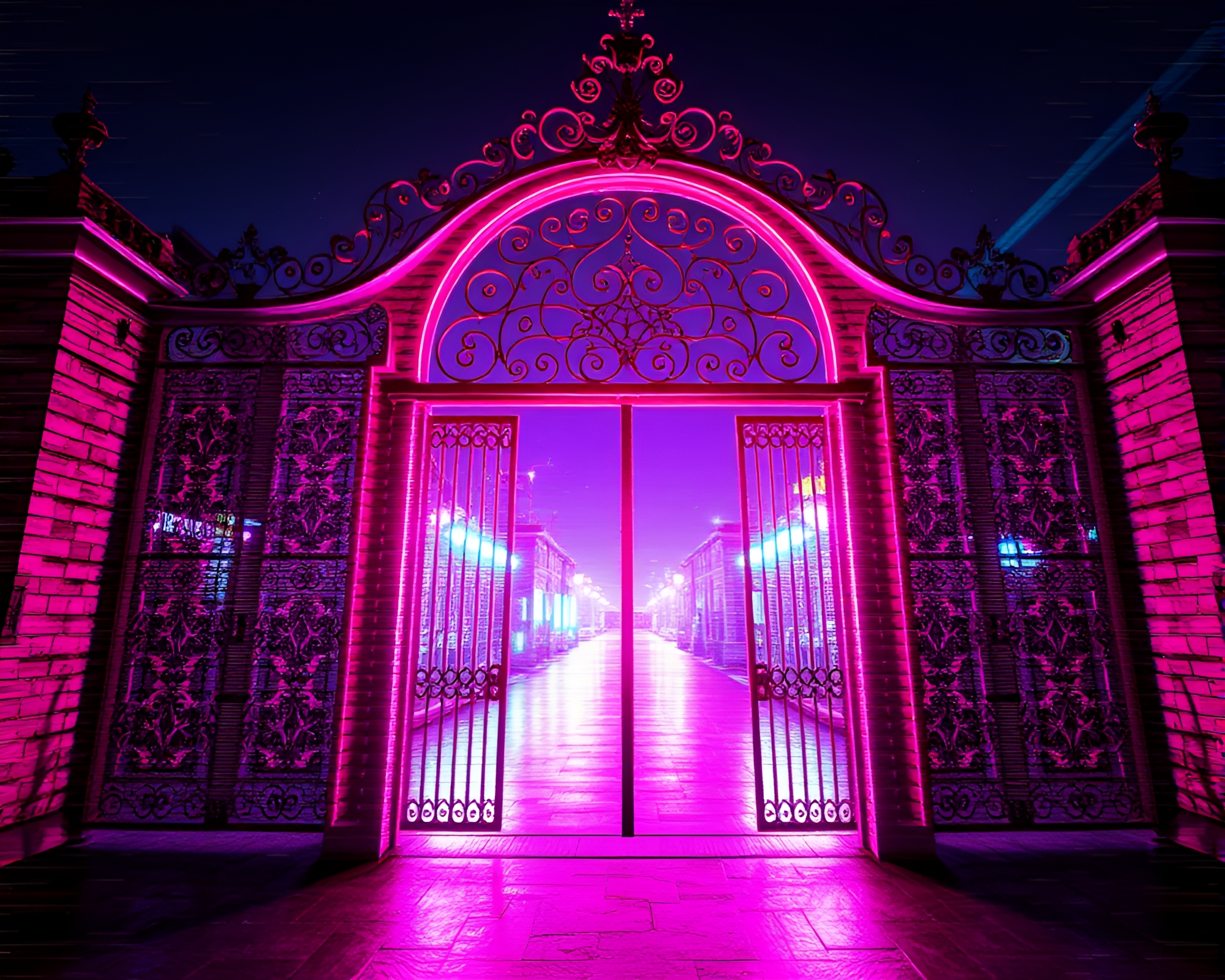 Neon Gate From Above: Glitch Art – free AI stock image