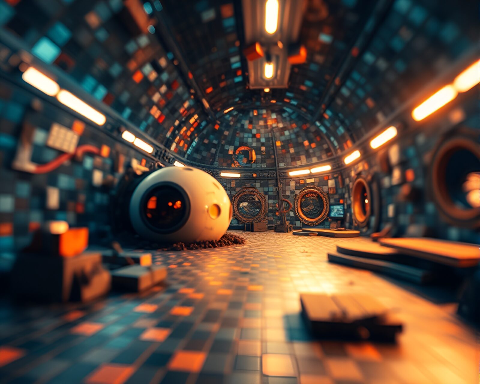 Colorful tiled space habitat with glowing infrared bokeh lights