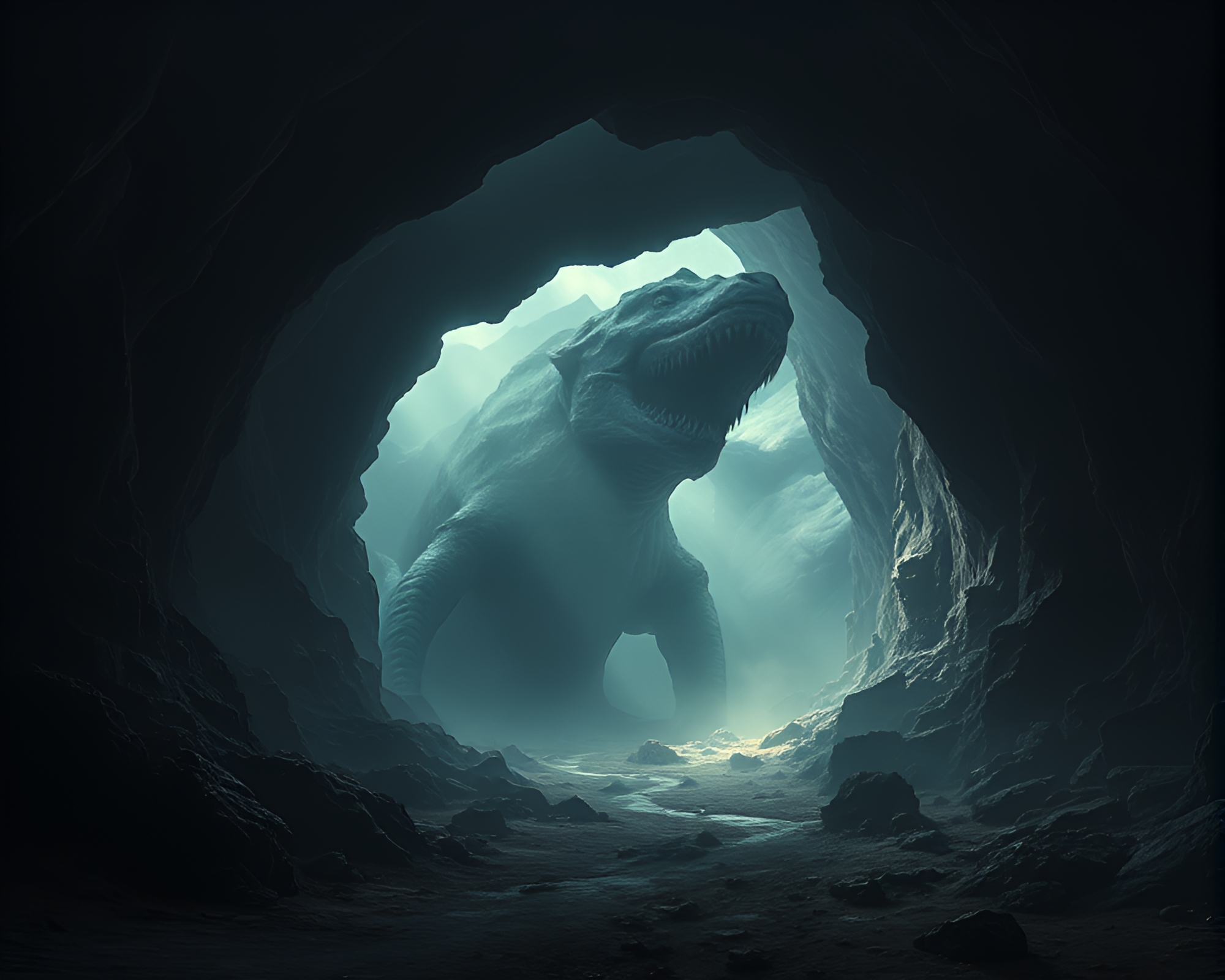 Leviathan emerging from dark cave dust overlay – free AI stock image