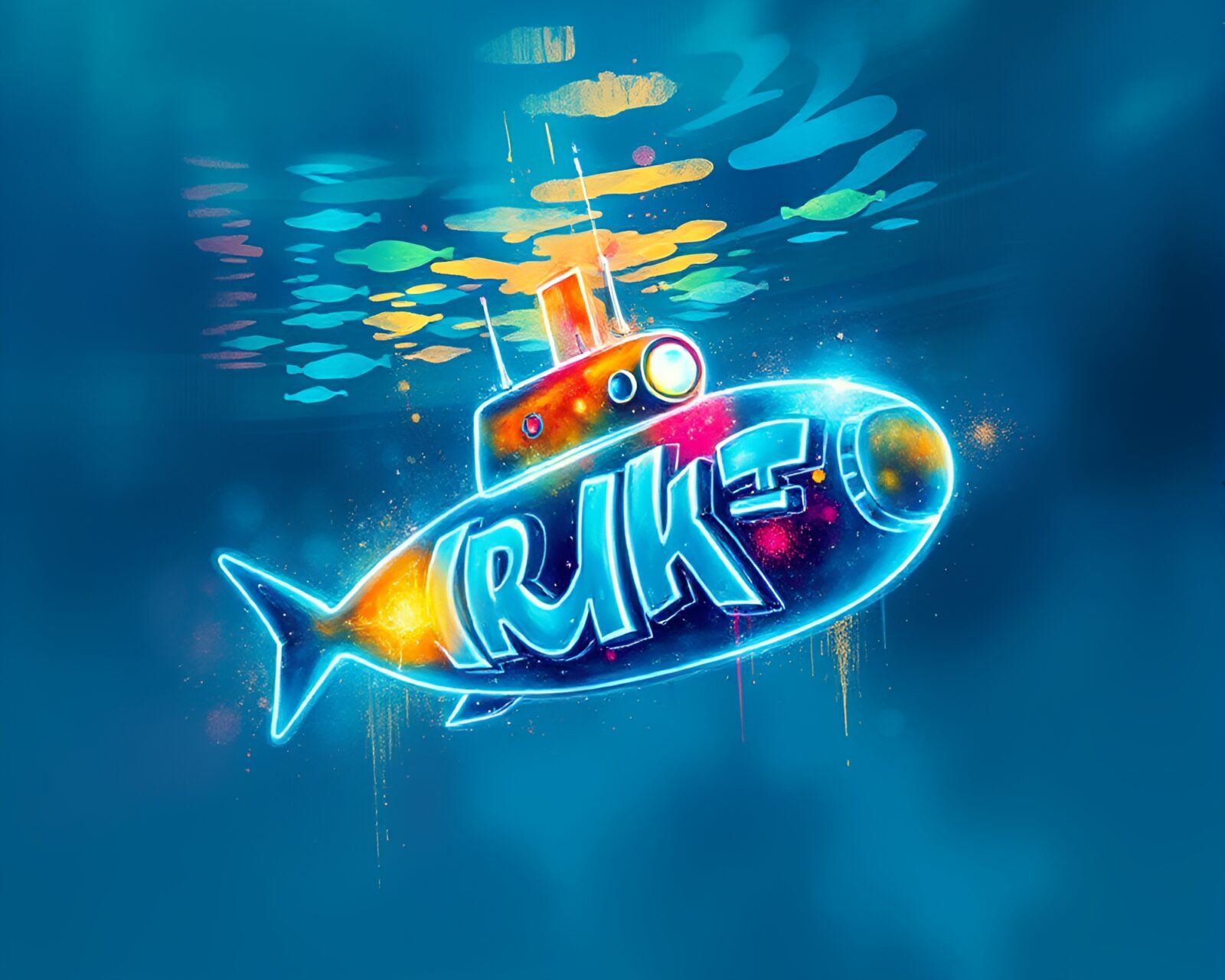 Vibrant watercolor painting of a neon-lit submarine underwater