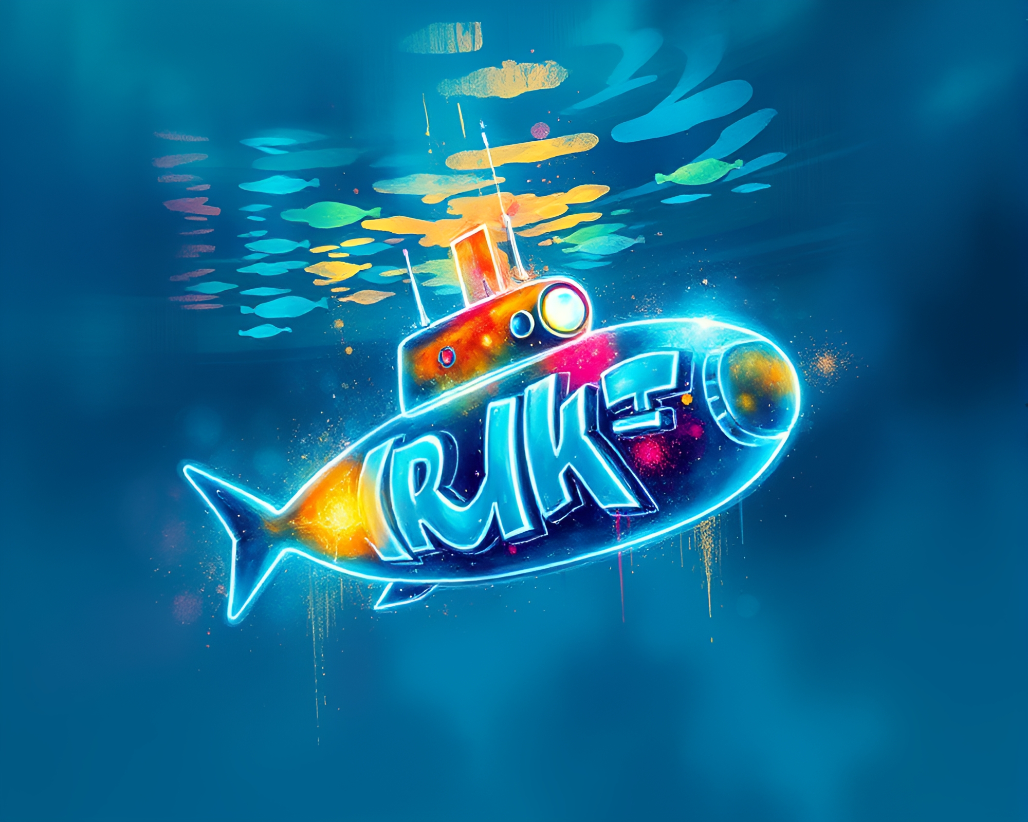 Neon Submarine in Watercolor Dreams – free AI stock image
