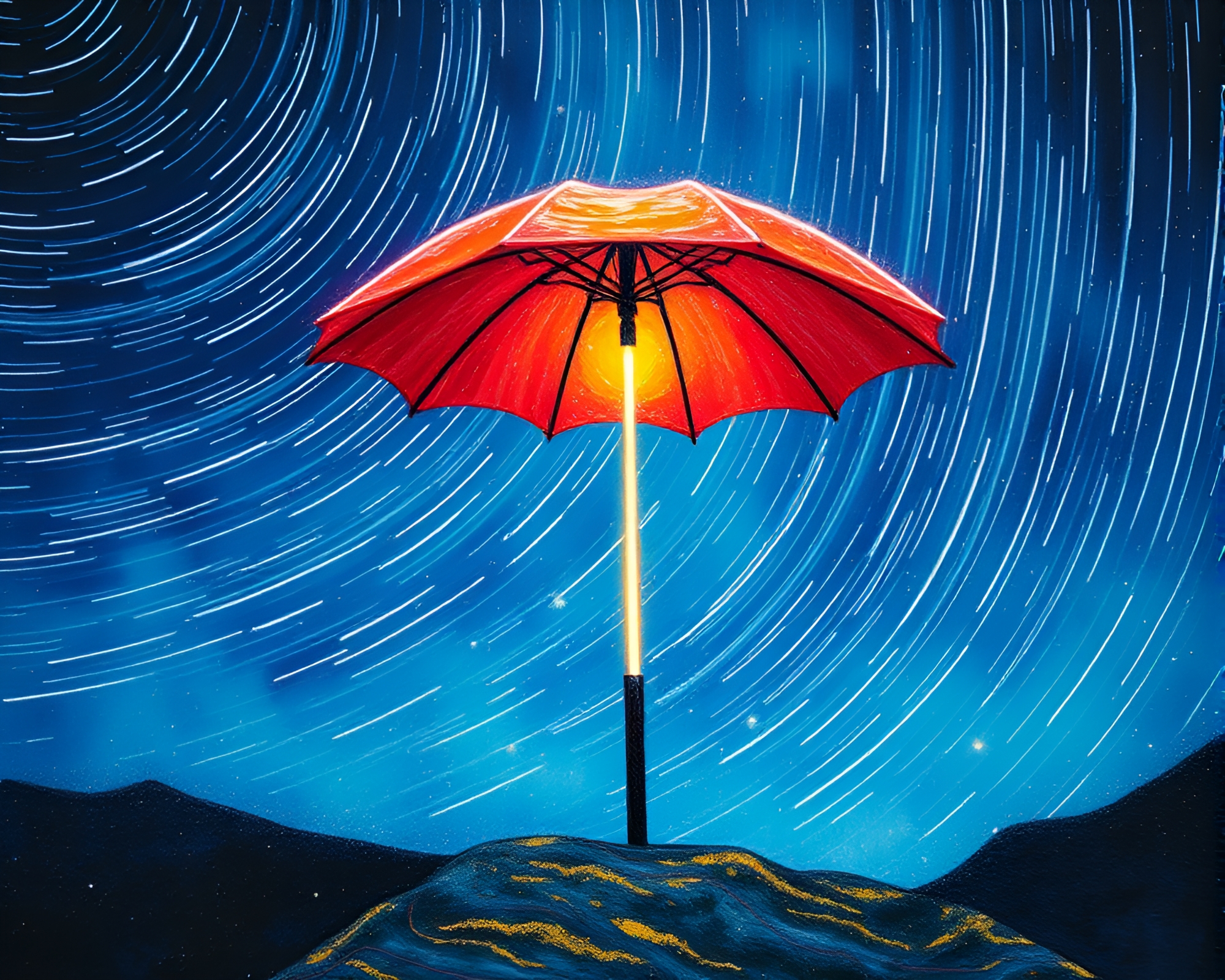 Neon-lit Umbrella Star Trails – free AI stock image