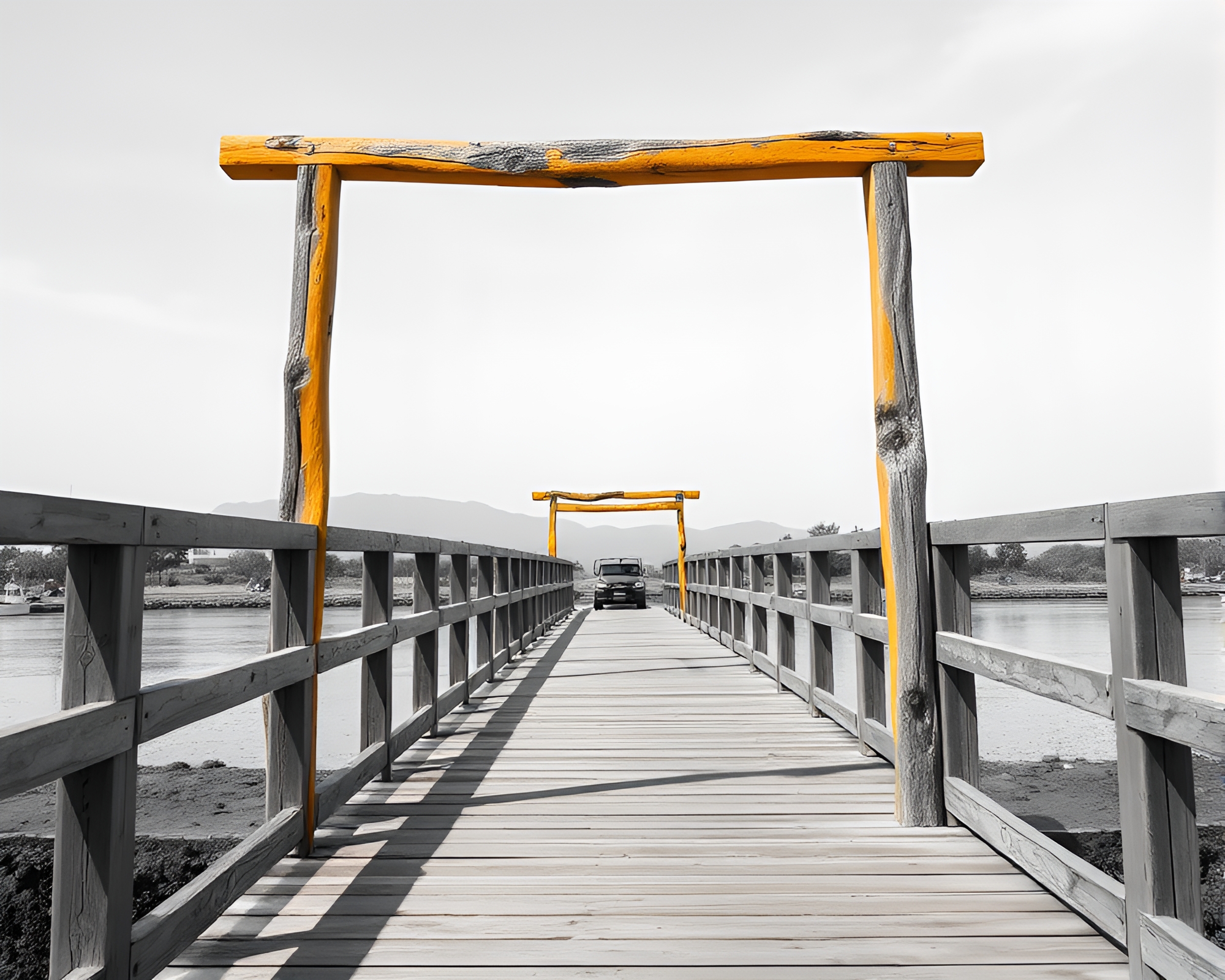 Monochrome Yellow Wooden Bridge in Architectural Rendering – free AI stock image