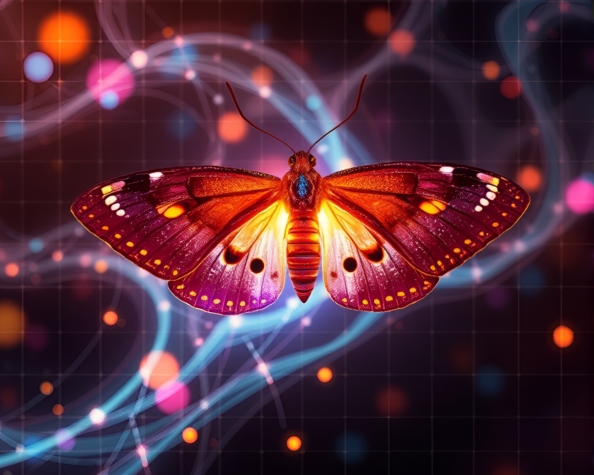 Fractal Glow Moth Dance in Grid Overlay – free AI stock image