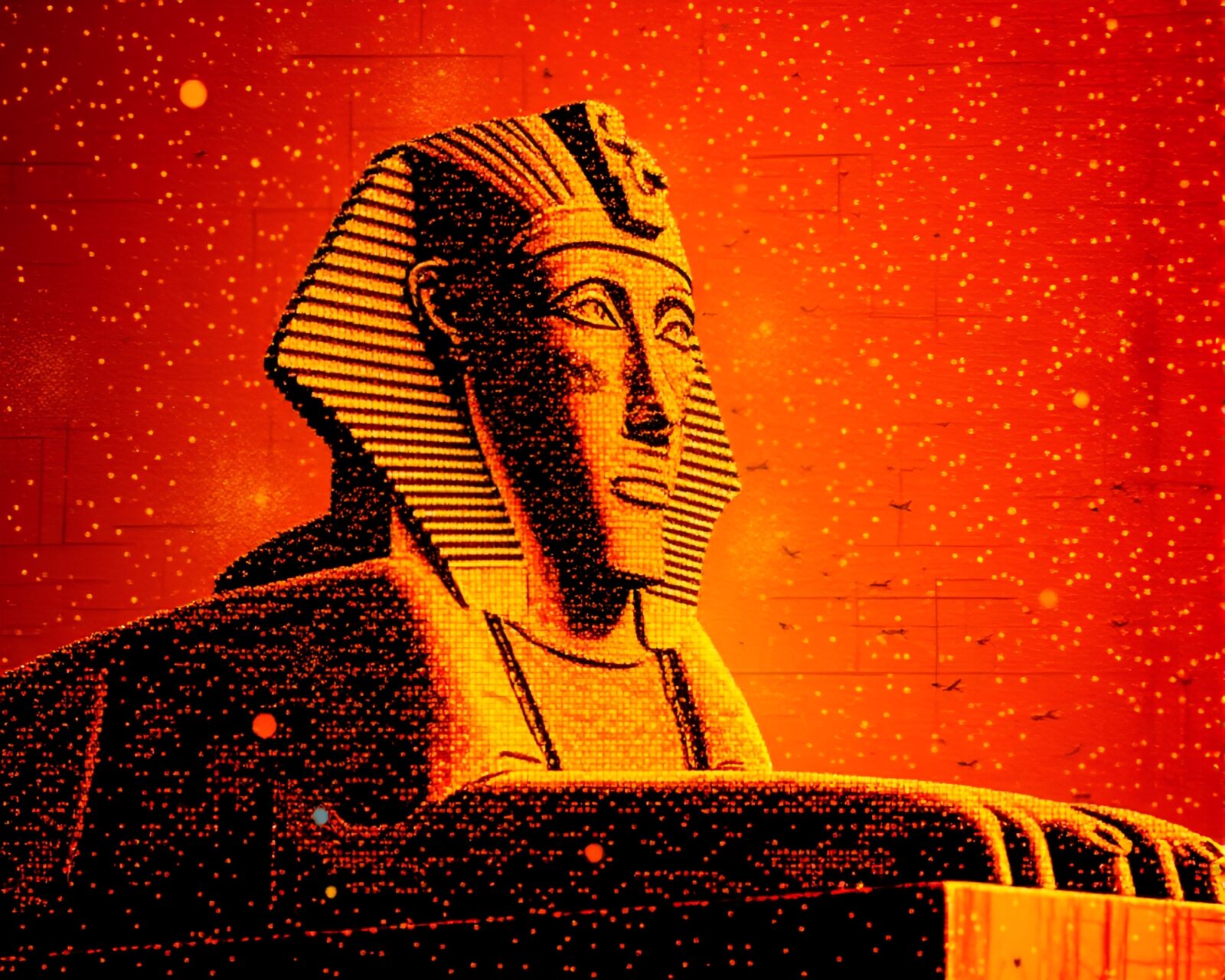 Brightly lit mural of Sphinx statue in dot matrix style