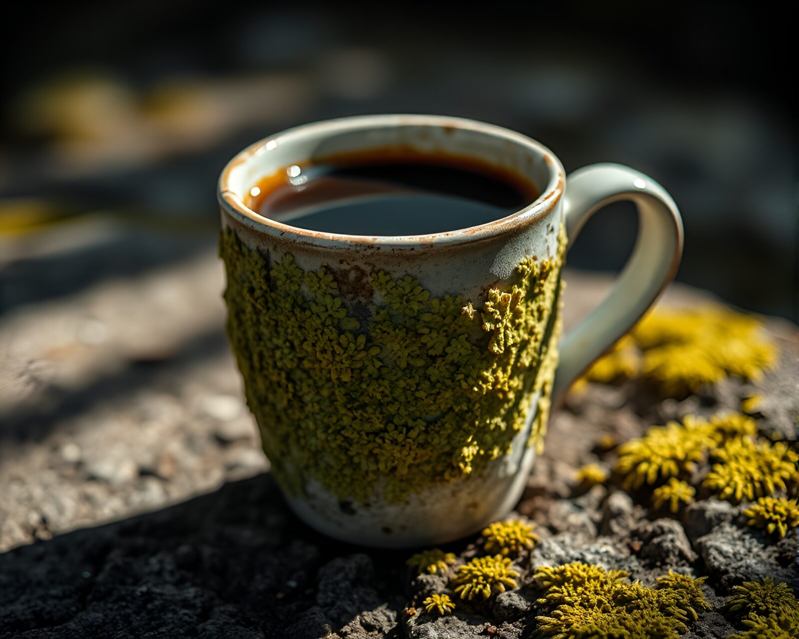 Coffee cup resting on intricate lichen-covered background with soft shadows