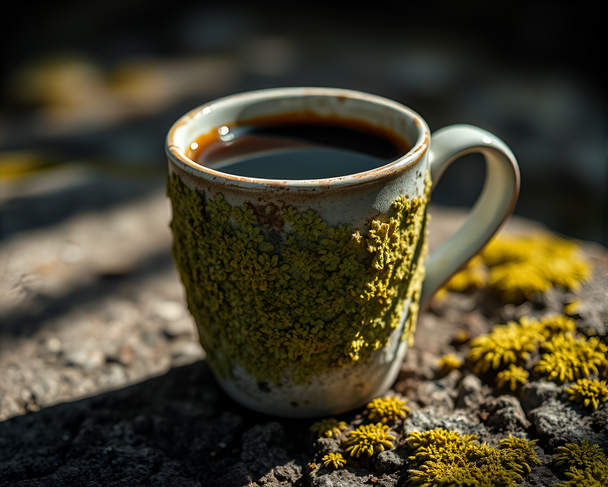 Coffee Cup on Lichen-Textured Surface with Muted Shadows – free AI stock image