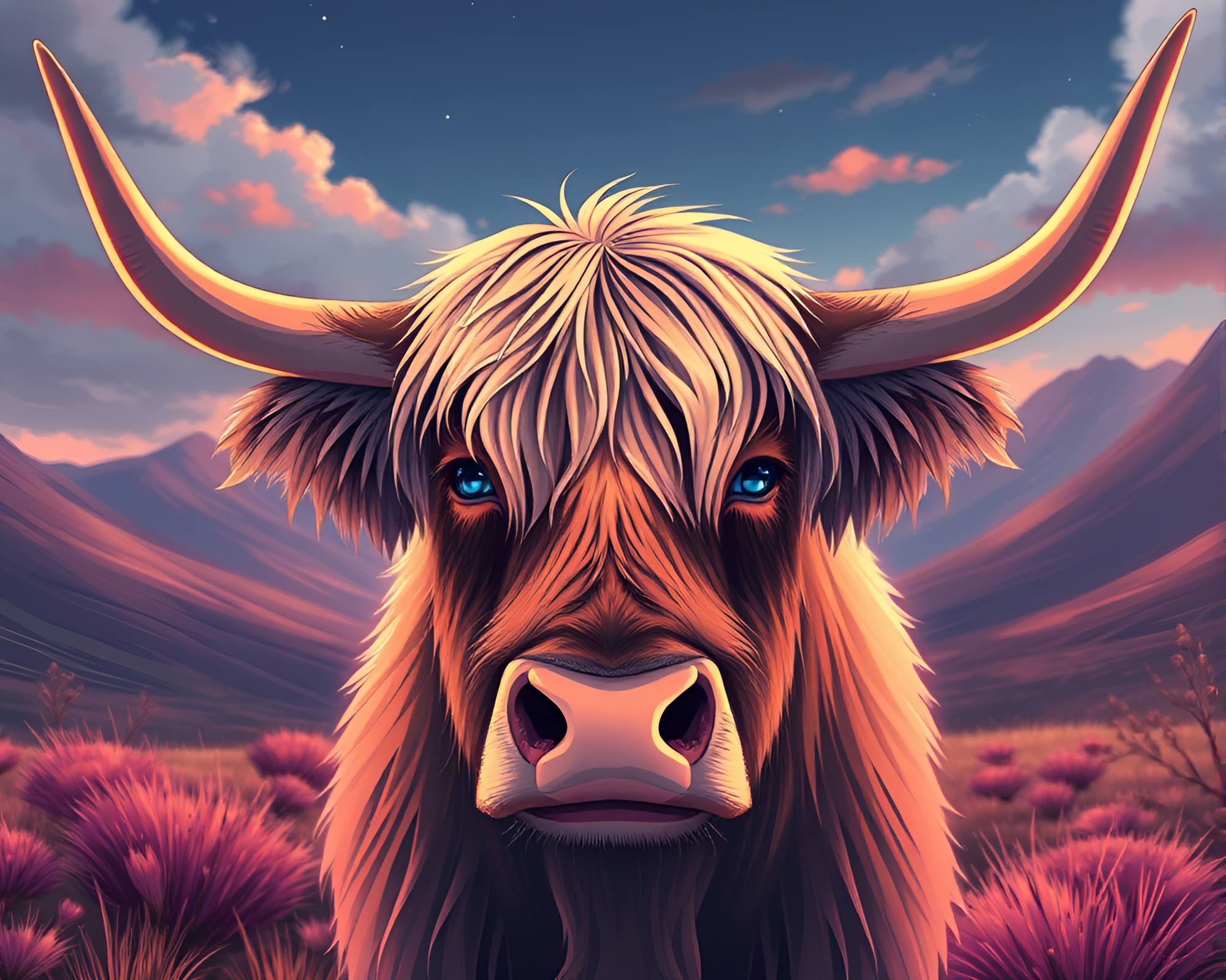 Prismatic Highland Cow in Anime Rose Gold Light – free AI stock image