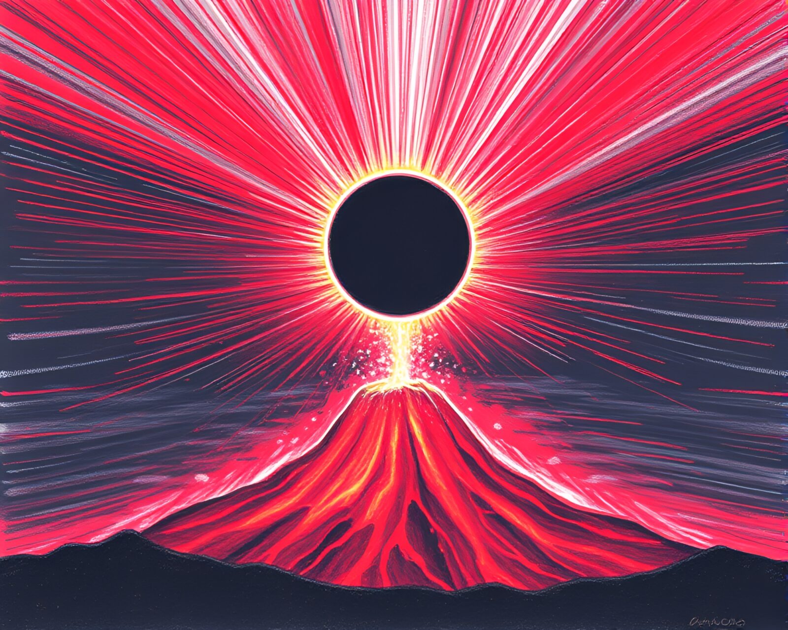 Solar eclipse with motion blur streaks in swirling volcanic red atmosphere