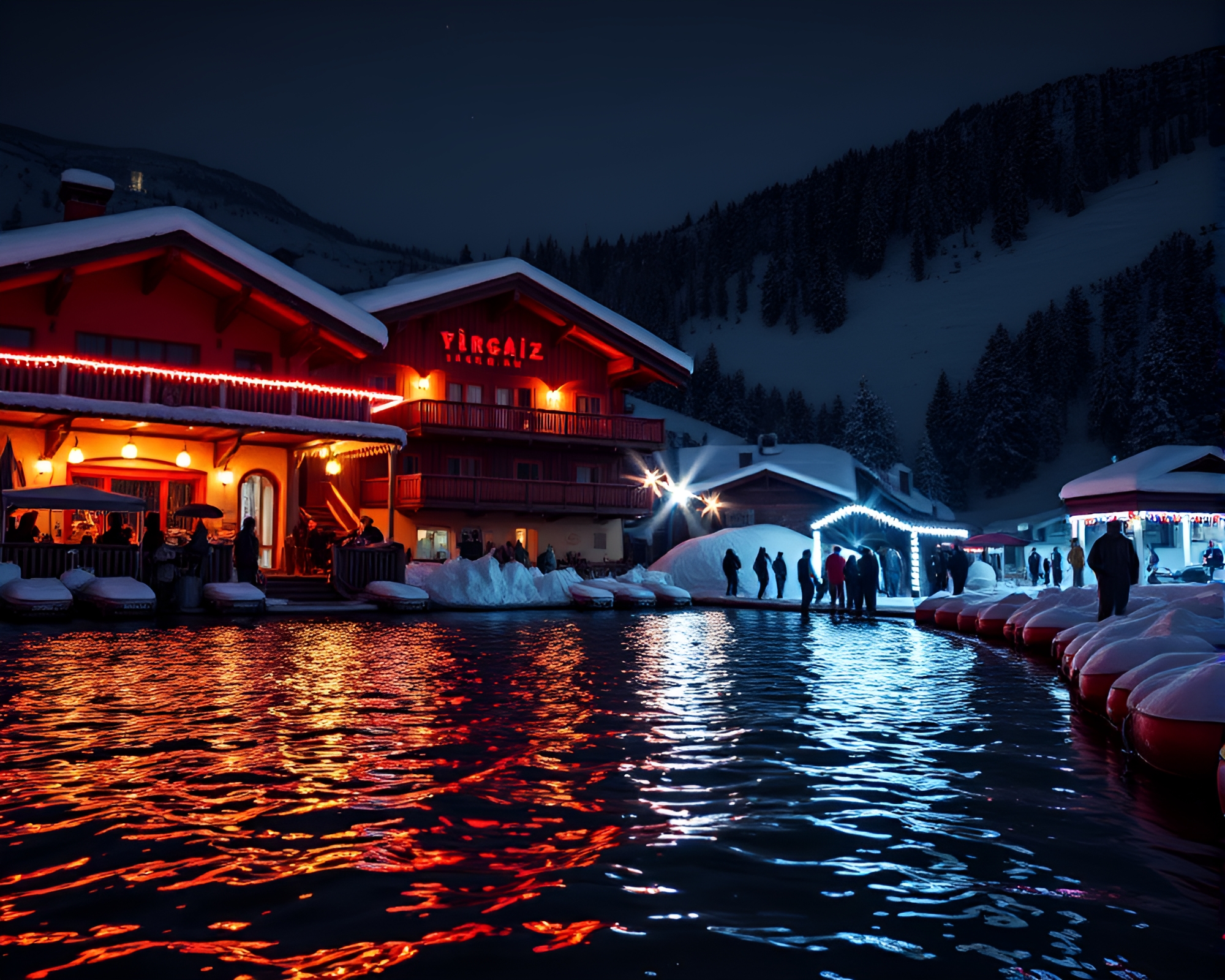 Alpine Chalet Reflections in Distorted Water Carnival Lights – free AI stock image