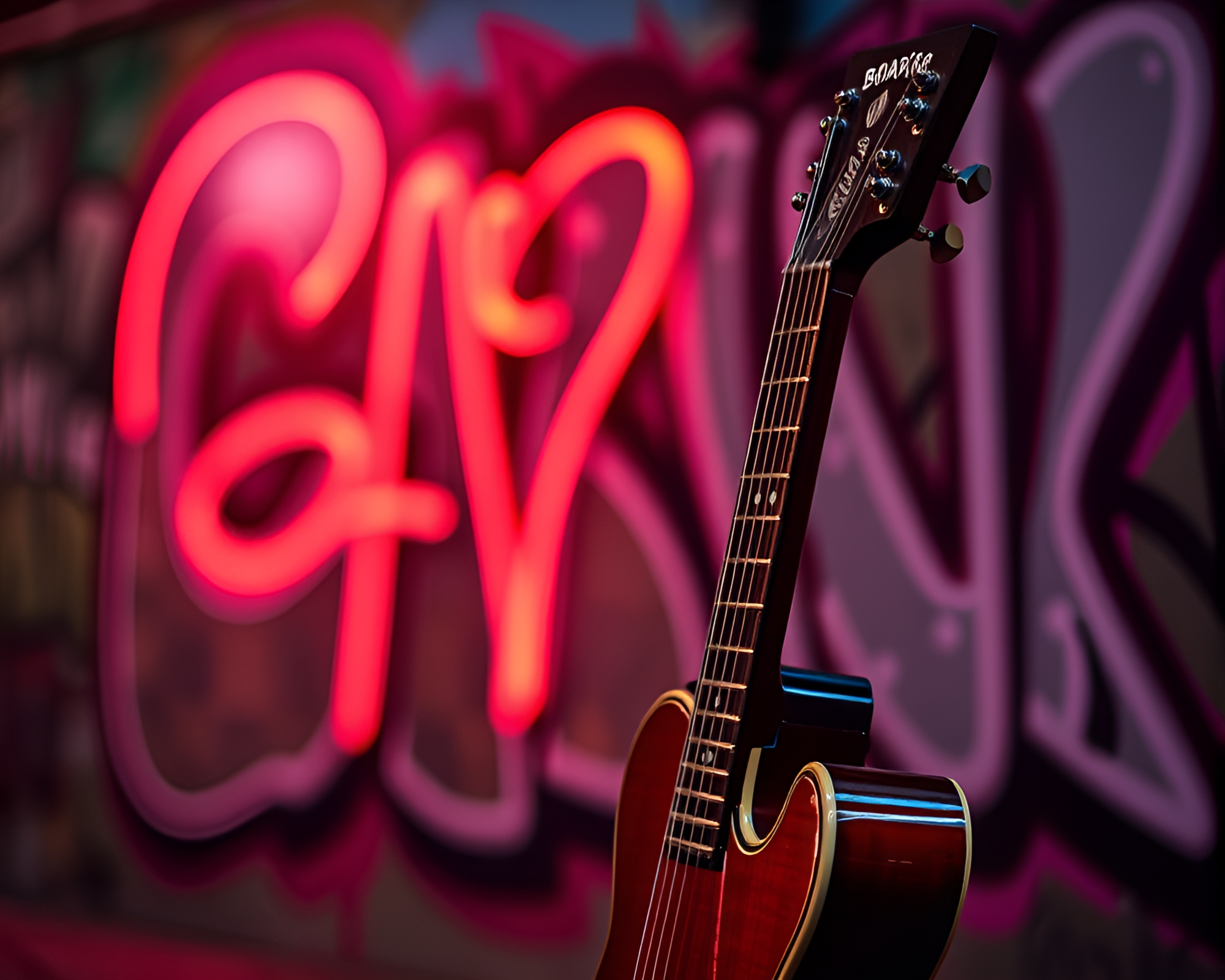 Neon Guitarist in Shallow Focus Street Scene – free AI stock image