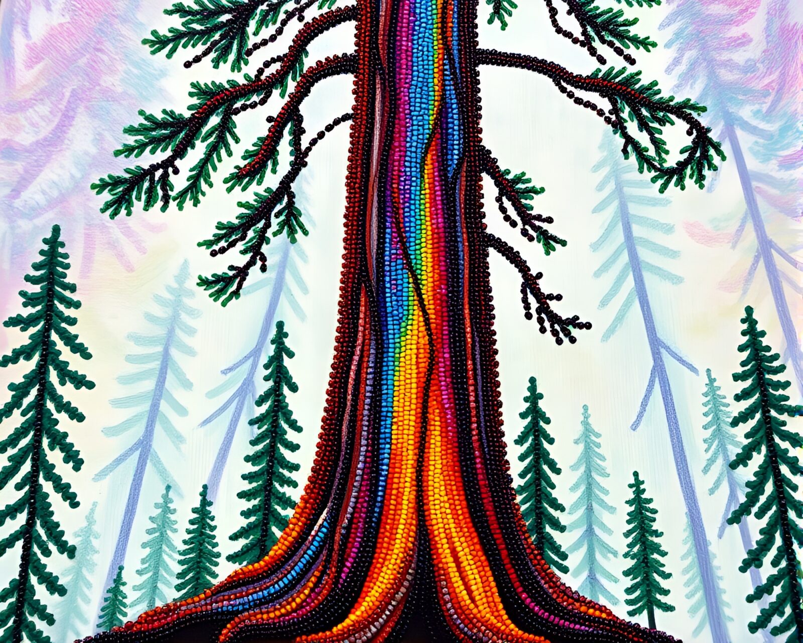 Acrylic painting of vibrant redwood tree with rainbow beadwork details