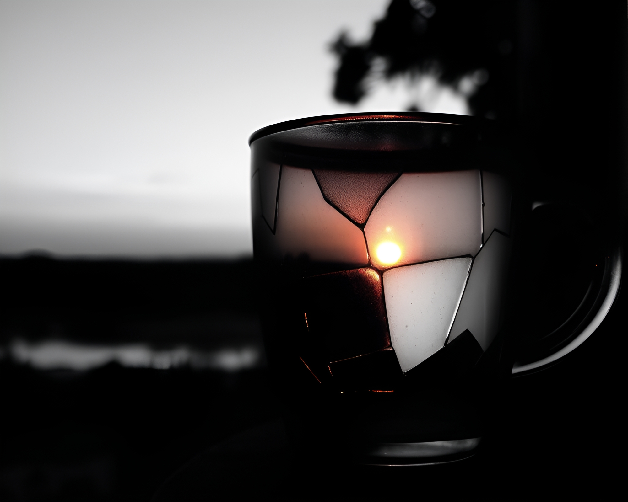 Sunset Coffee Cup Reflection in Broken Glass – free AI stock image