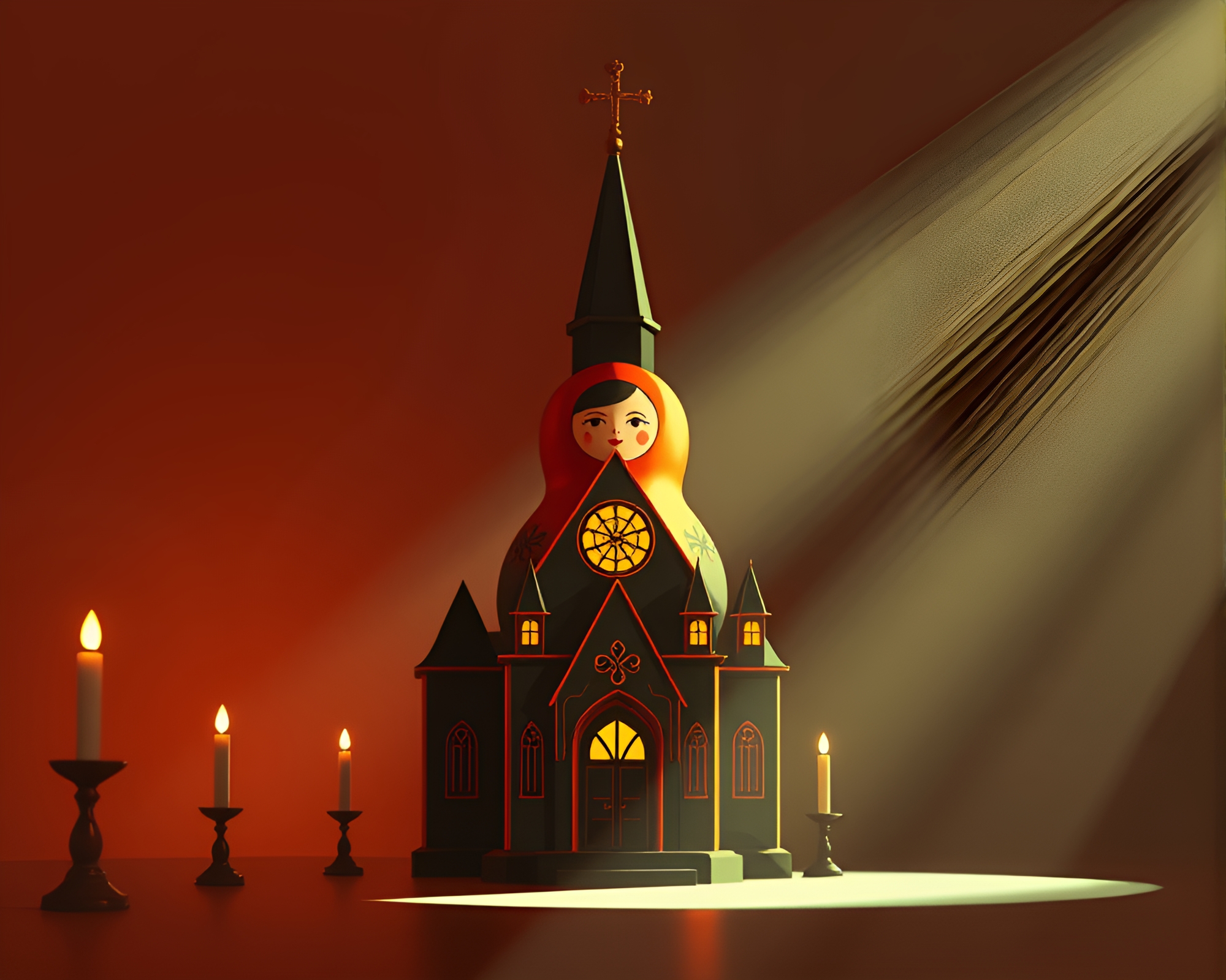 Matryoshka Doll in Church Candlelight Spotlight – free AI stock image