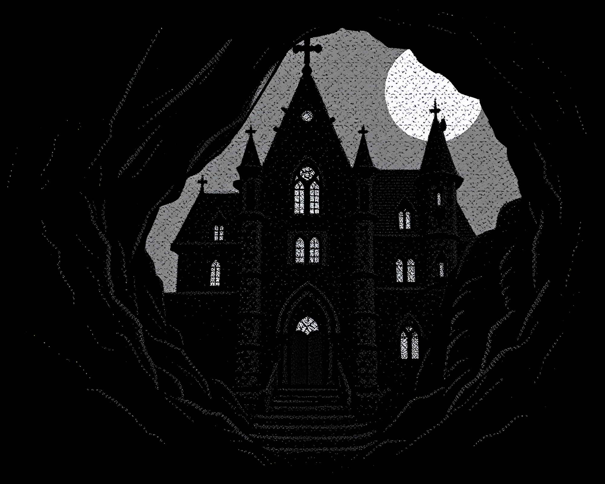 Neo-Gothic Mansion at Cave Entrance in Stipple Shading – free AI stock image