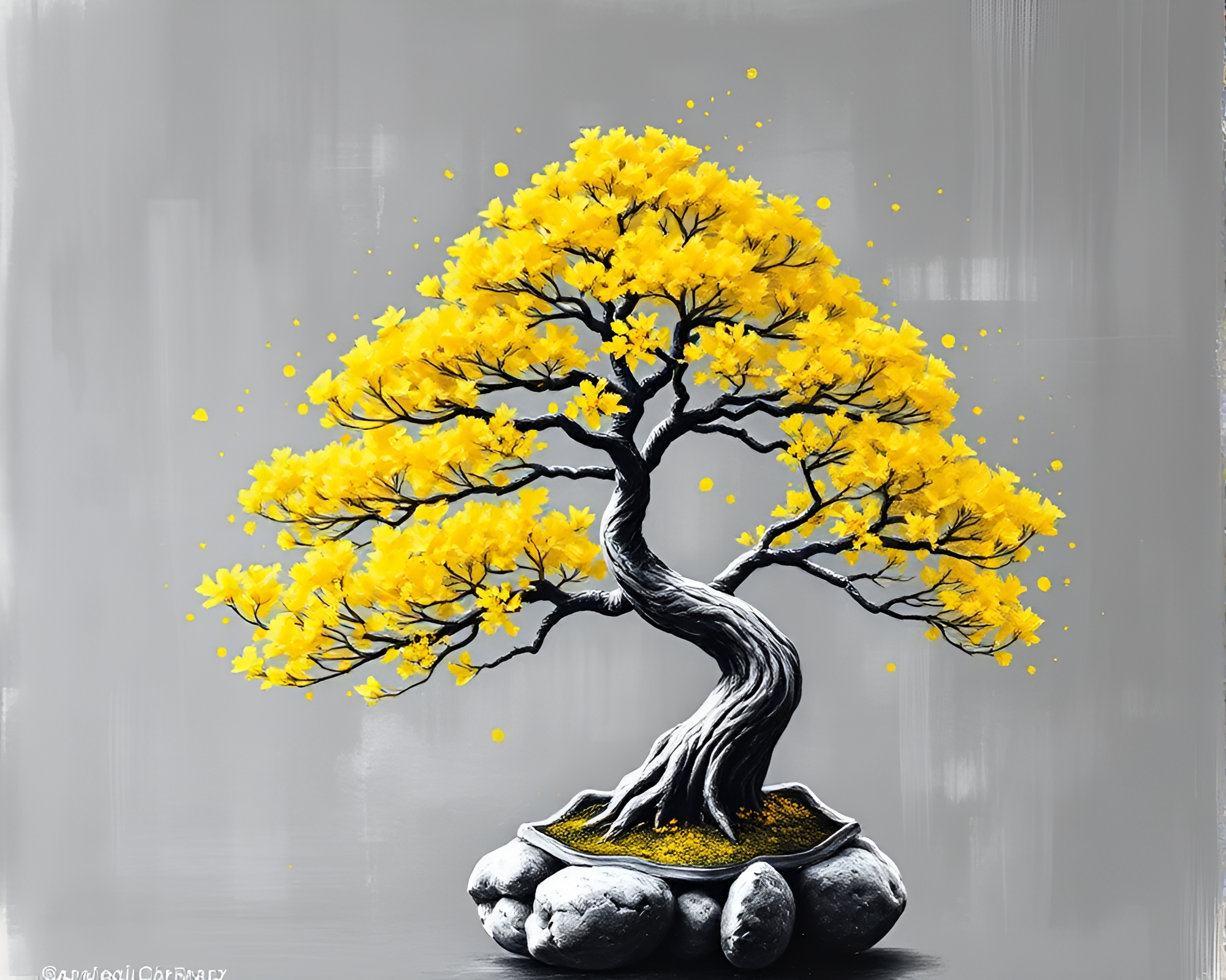Chalk Art Bonsai Tree in Monochrome Yellow Photocollage – free AI stock image