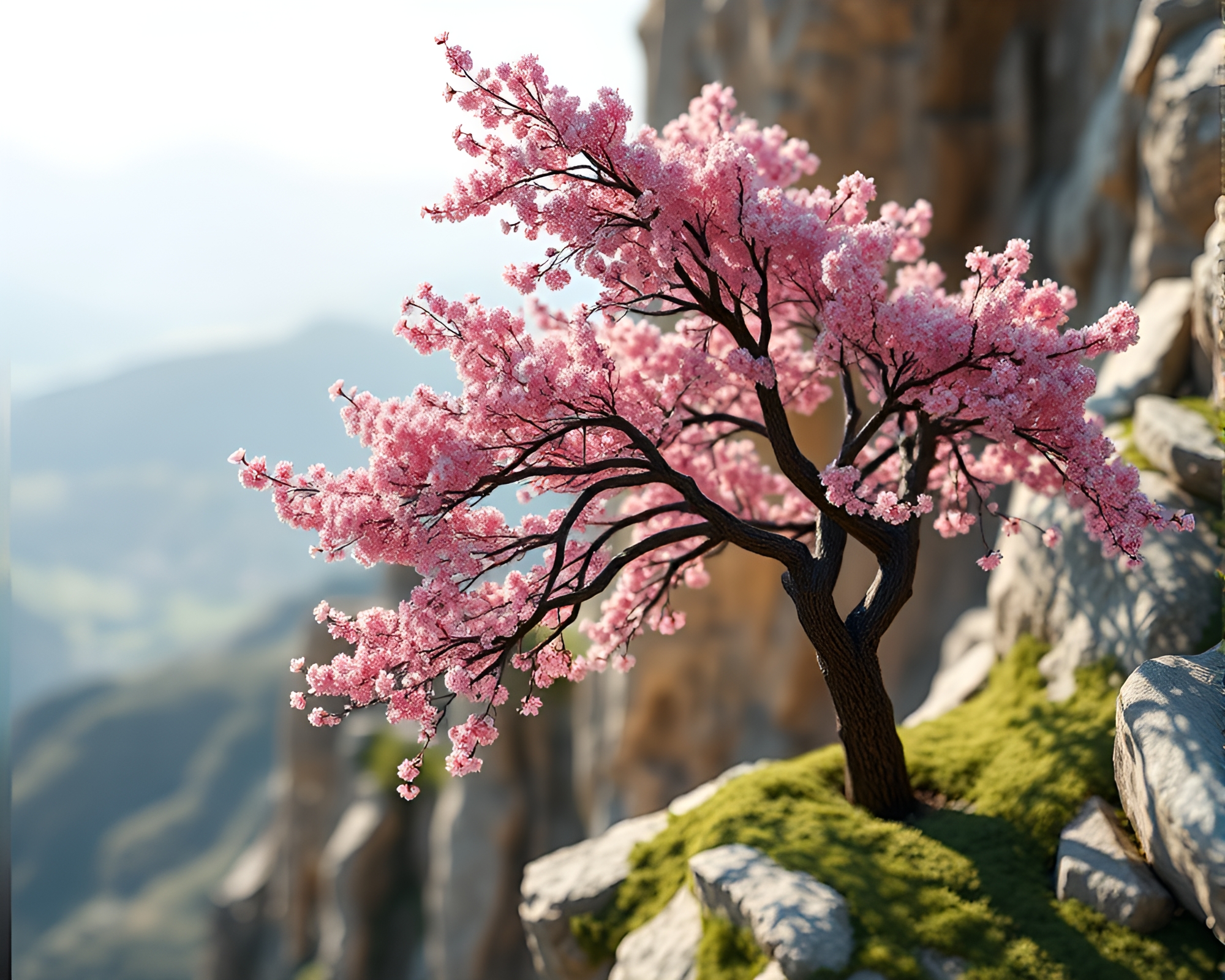 High-Poly 3D Cherry Blossom Tree Overlooking Cliffside – free AI stock image