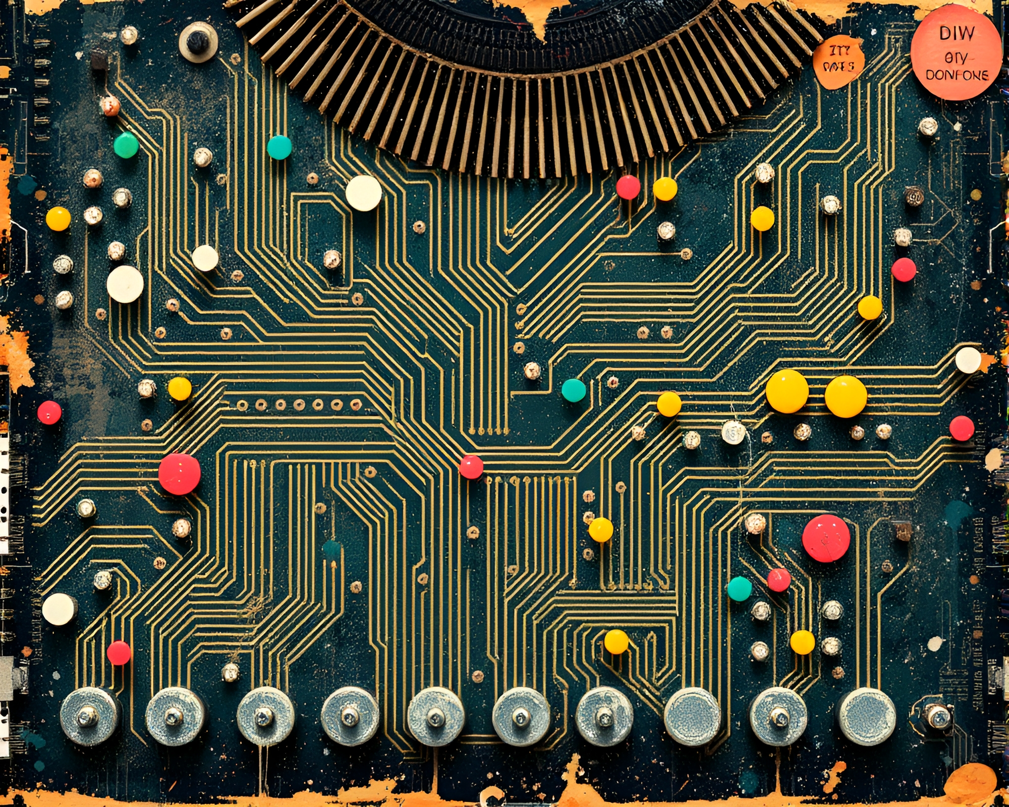 Vintage Typewriter Circuit Board with Grunge Paint Splatter – free AI stock image
