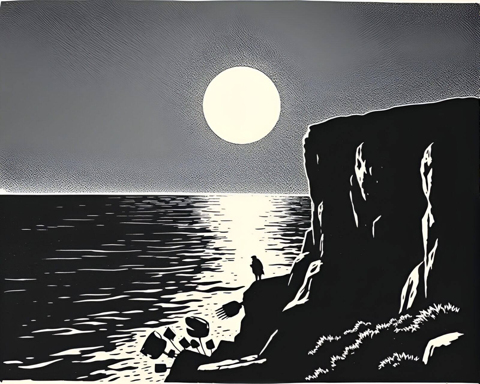 Magic circle glowing on cliff edge in sunset shadow