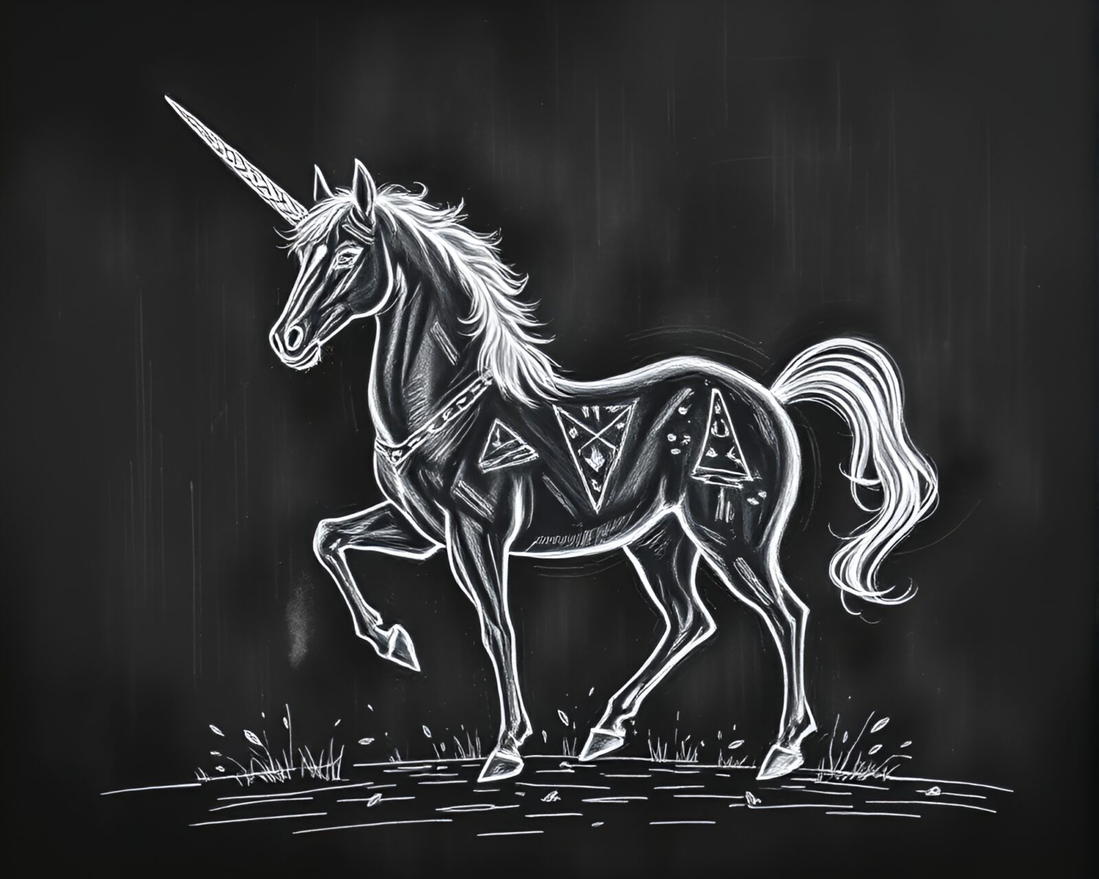 A fantastical centaur depicted in chalk scrawls and retro-style scanlines